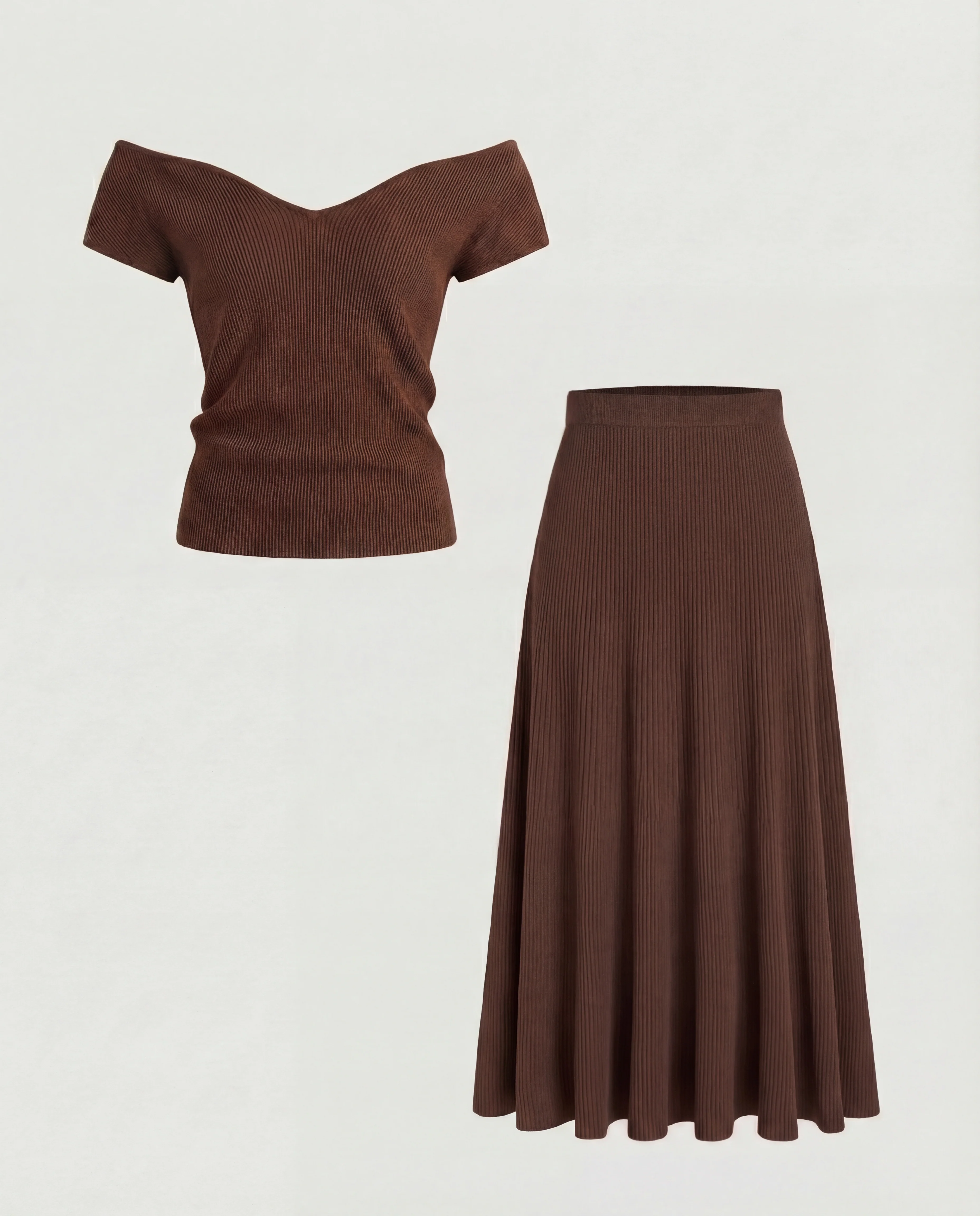 Brown Ribbed Knit Off Shoulder Top And Maxi Skirt Set - Image 4