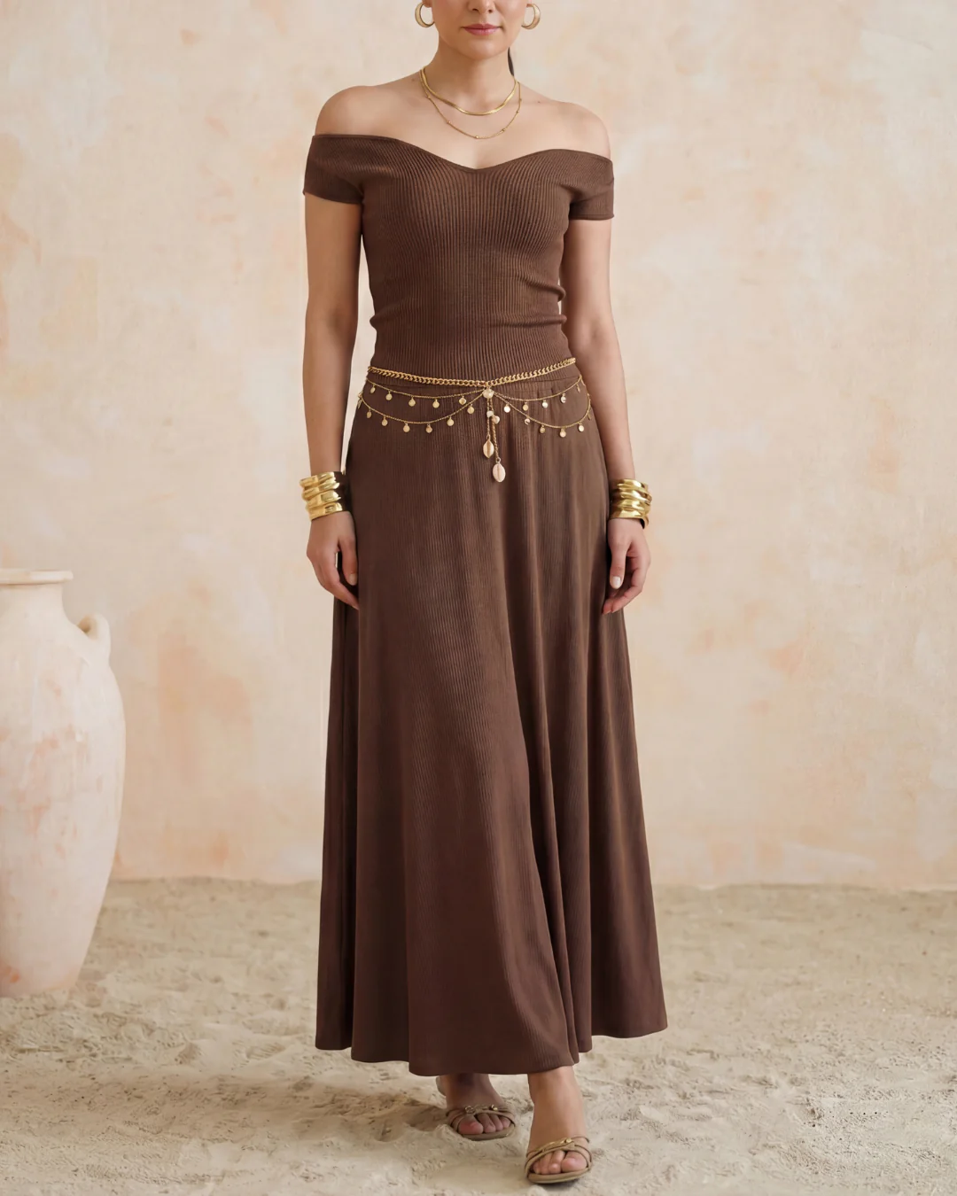 Brown Ribbed Knit Off Shoulder Top And Maxi Skirt Set - Image 5