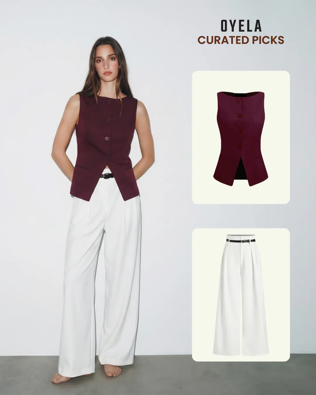 Burgundy Waist Coat and White Pleated Pants with Belt