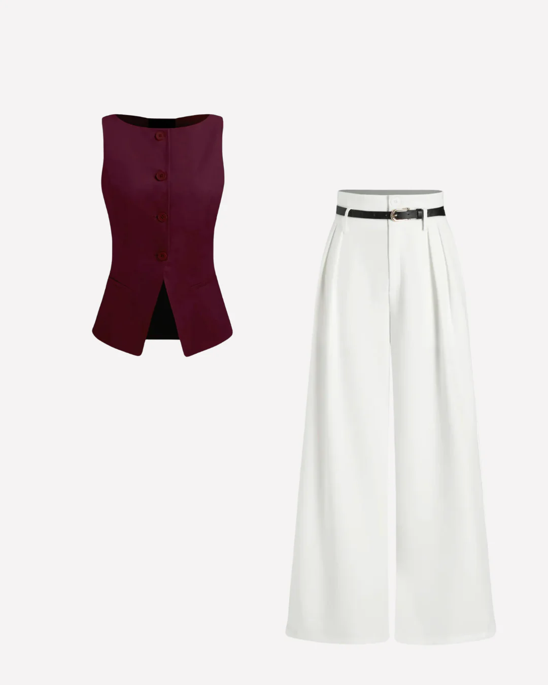 Burgundy Waist Coat and White Pleated Pants with Belt - Image 2