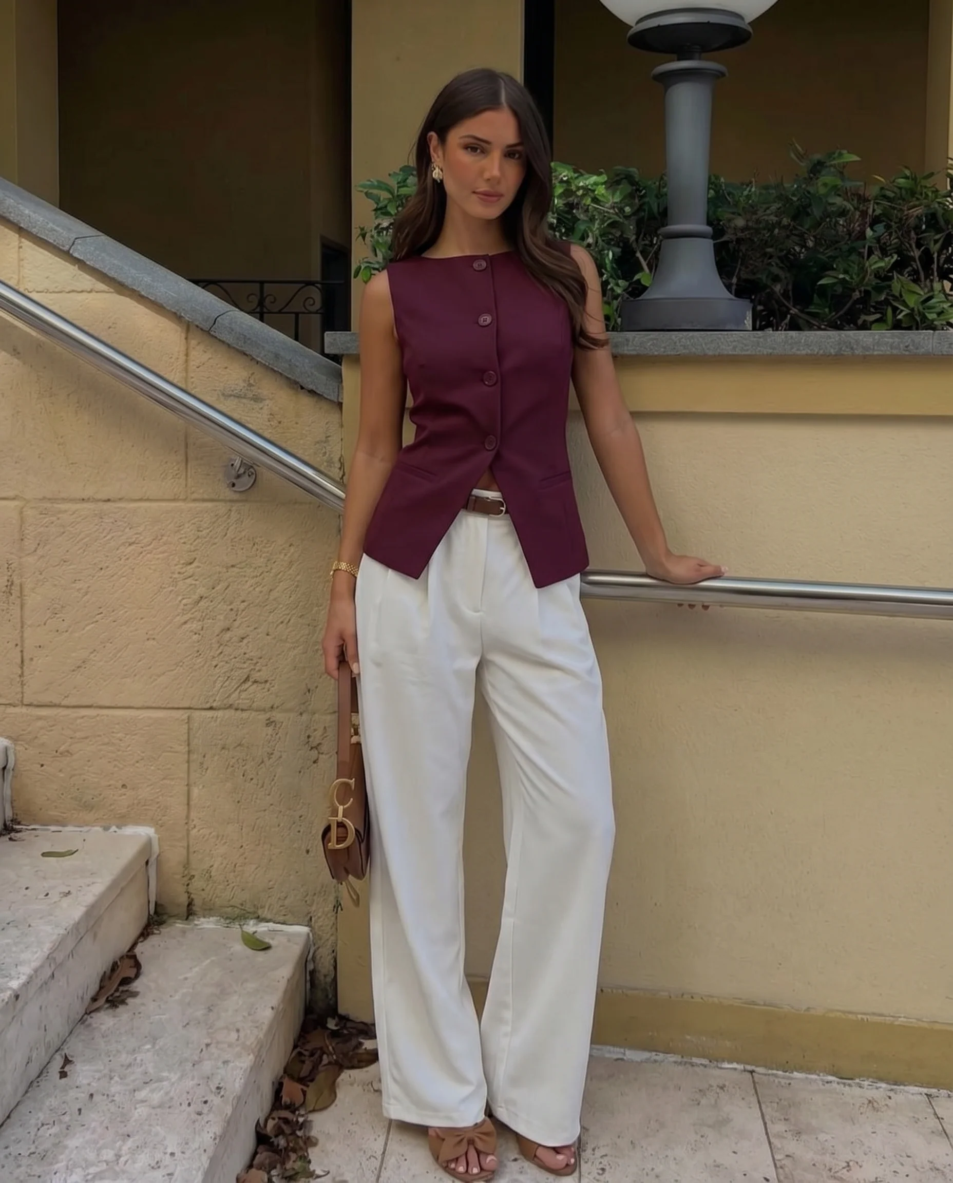 Burgundy Waist Coat and White Pleated Pants with Belt - Image 3