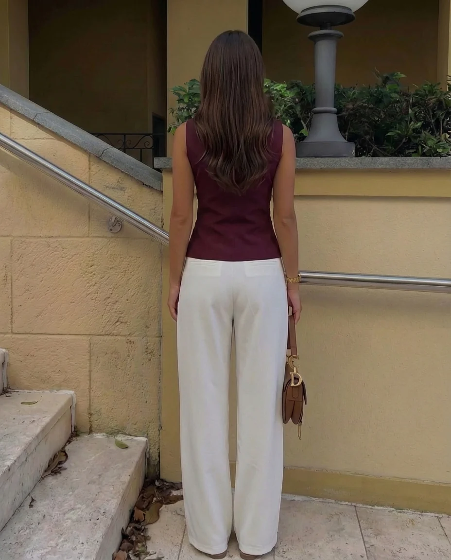 Burgundy Waist Coat and White Pleated Pants with Belt - Image 4