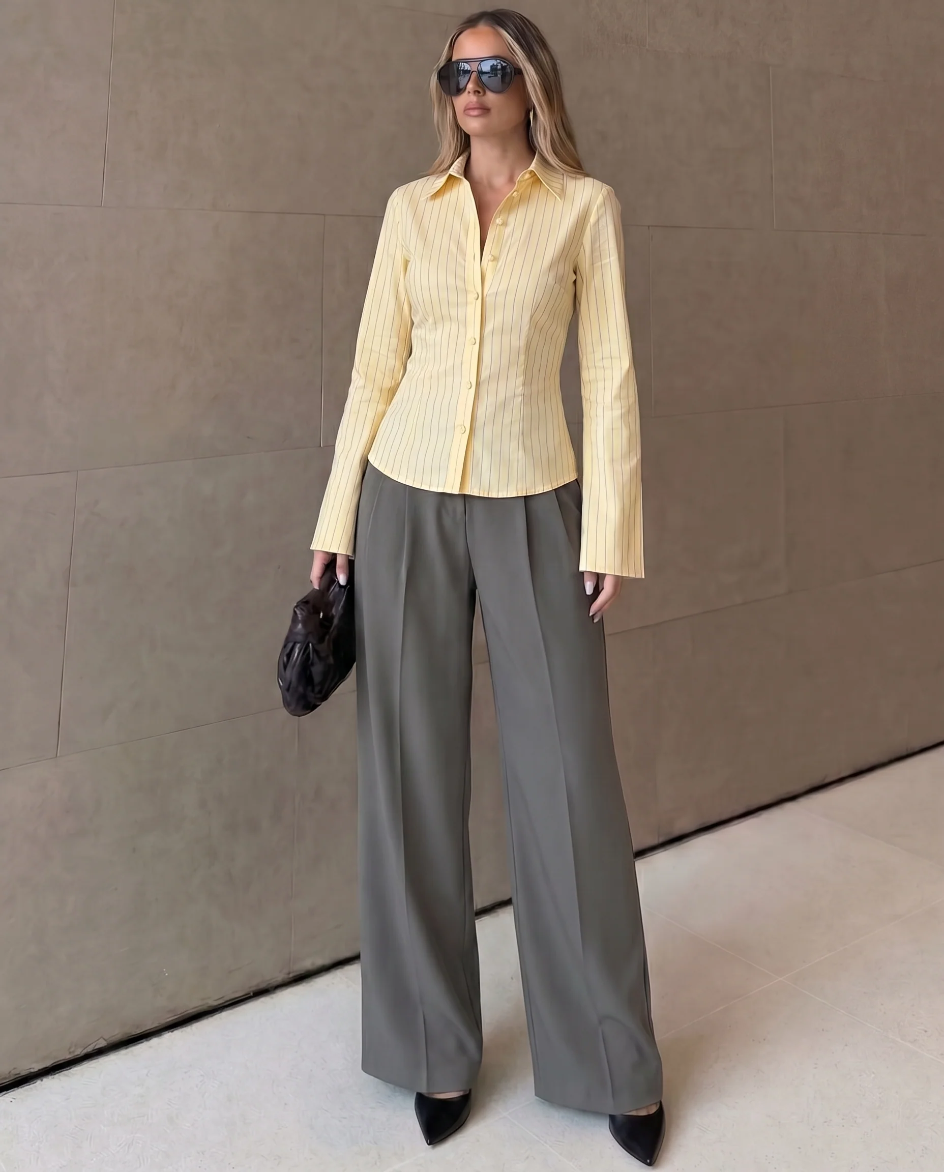 Butter Yellow Pinstripes Flared Shirt and Corset Waist Pleated pants - Image 3