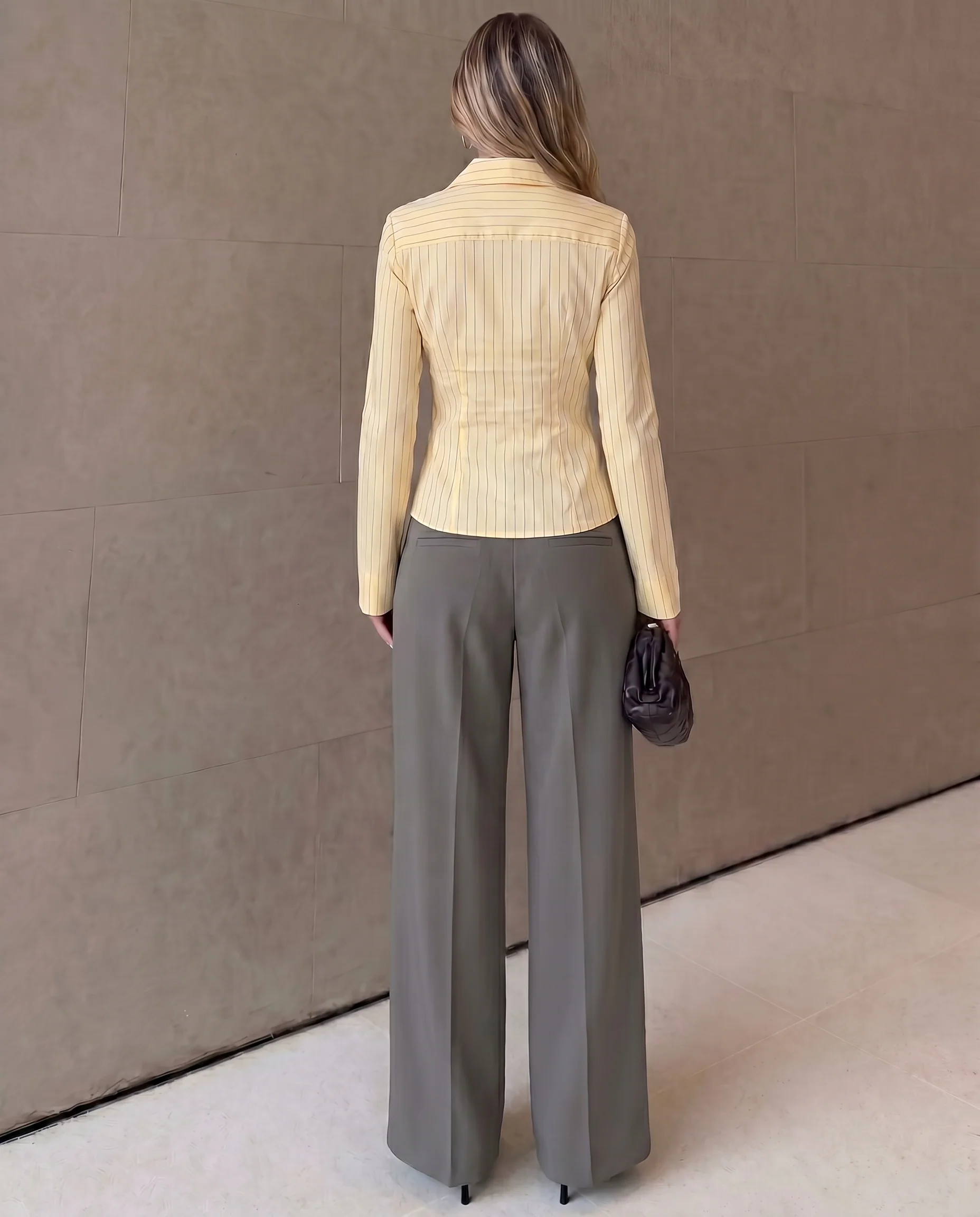 Butter Yellow Pinstripes Flared Shirt and Corset Waist Pleated pants - Image 4