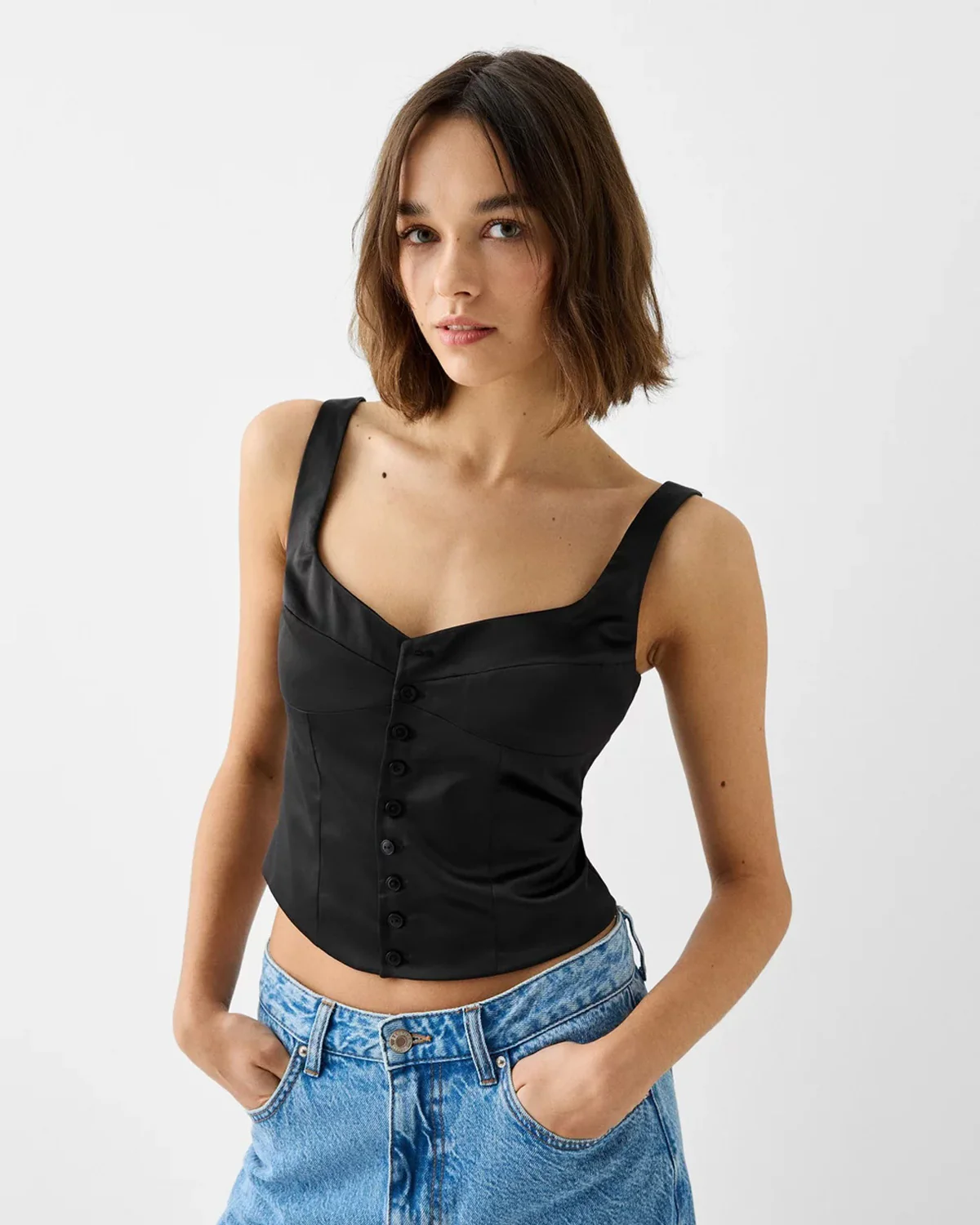 Button Down Vest Top In Black