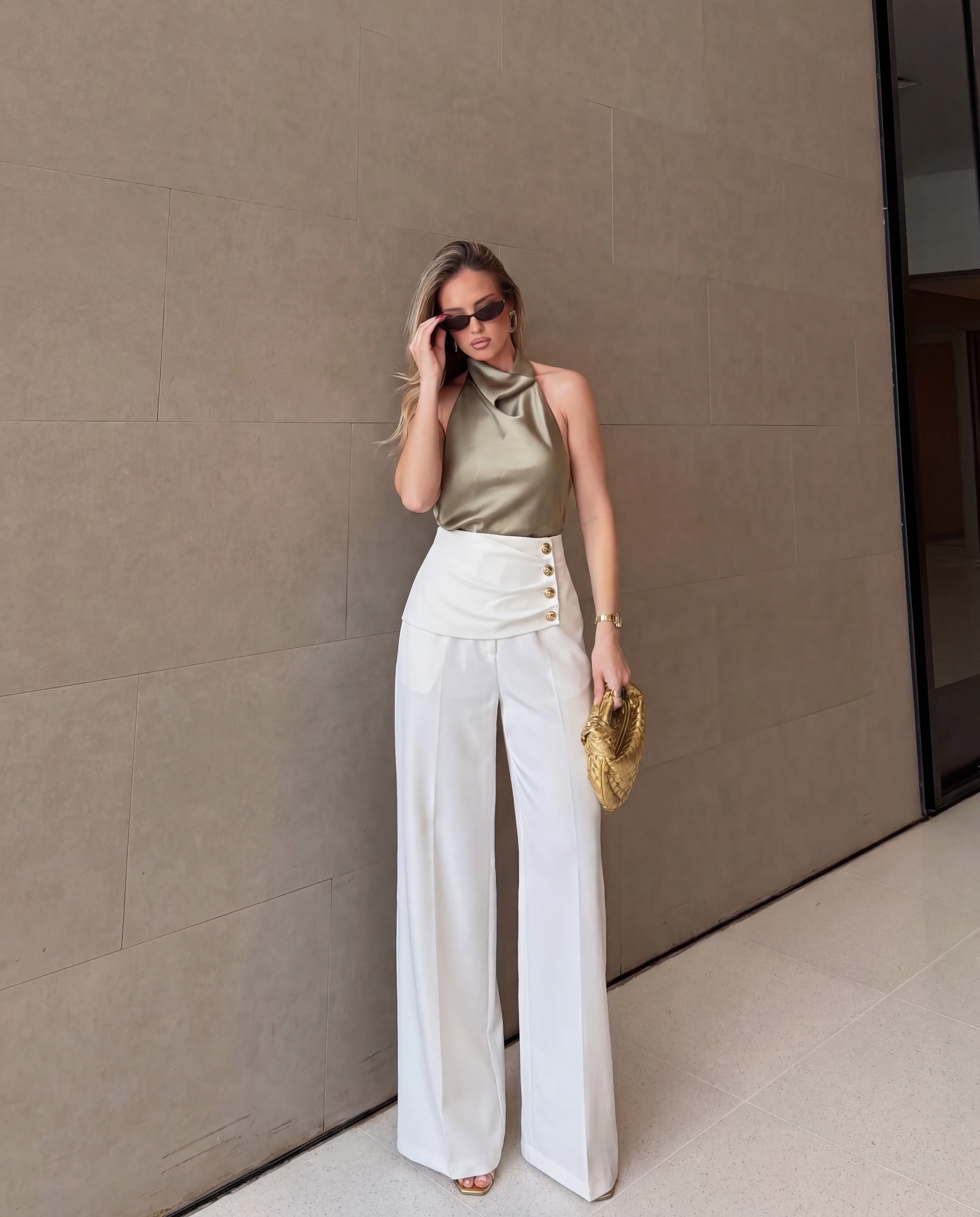 Chic Draped Waist Wide Leg Trousers-White - Image 2