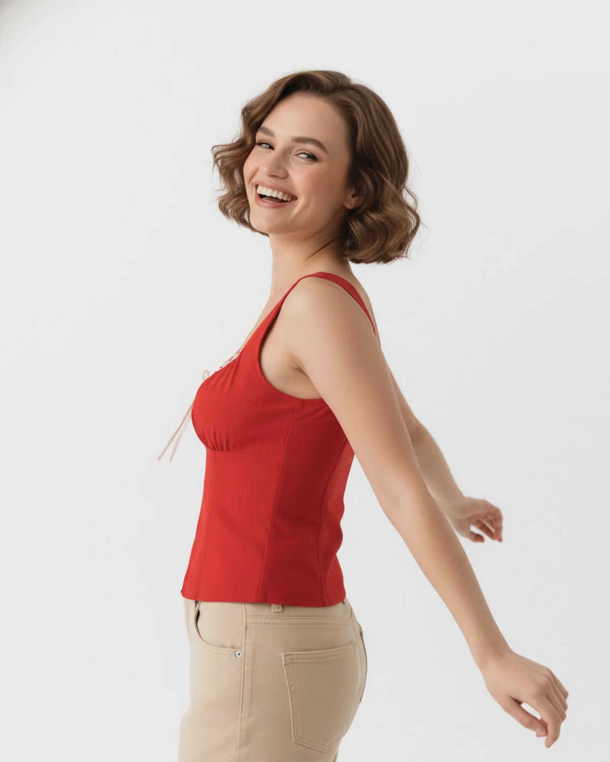 Contrast Piping Corset Top In Red - Image 4