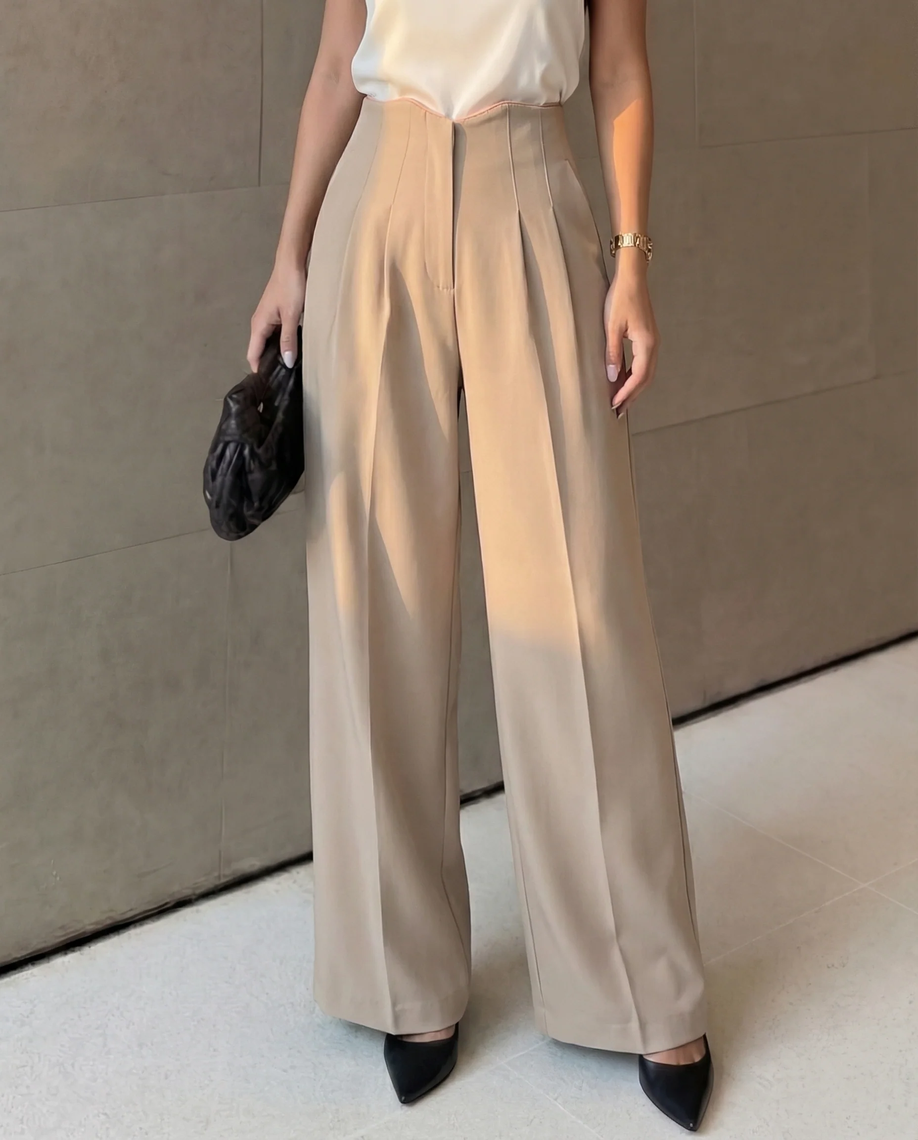 Beige Corset Waist Tailored Pants