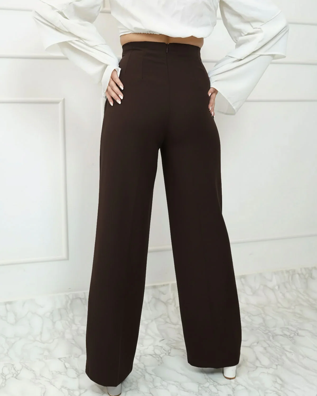 Corset Waist Pleated Pants - Dark Brown - Image 3