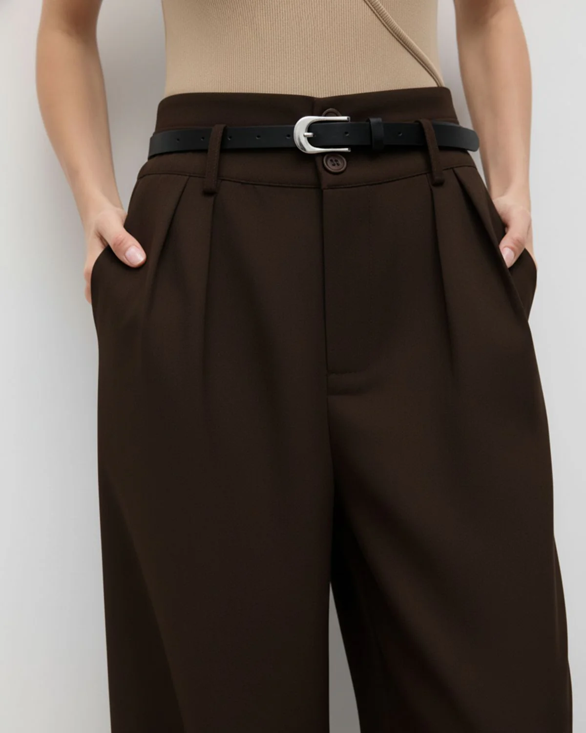 Dark Brown Pleated Pants With Belt - Image 7