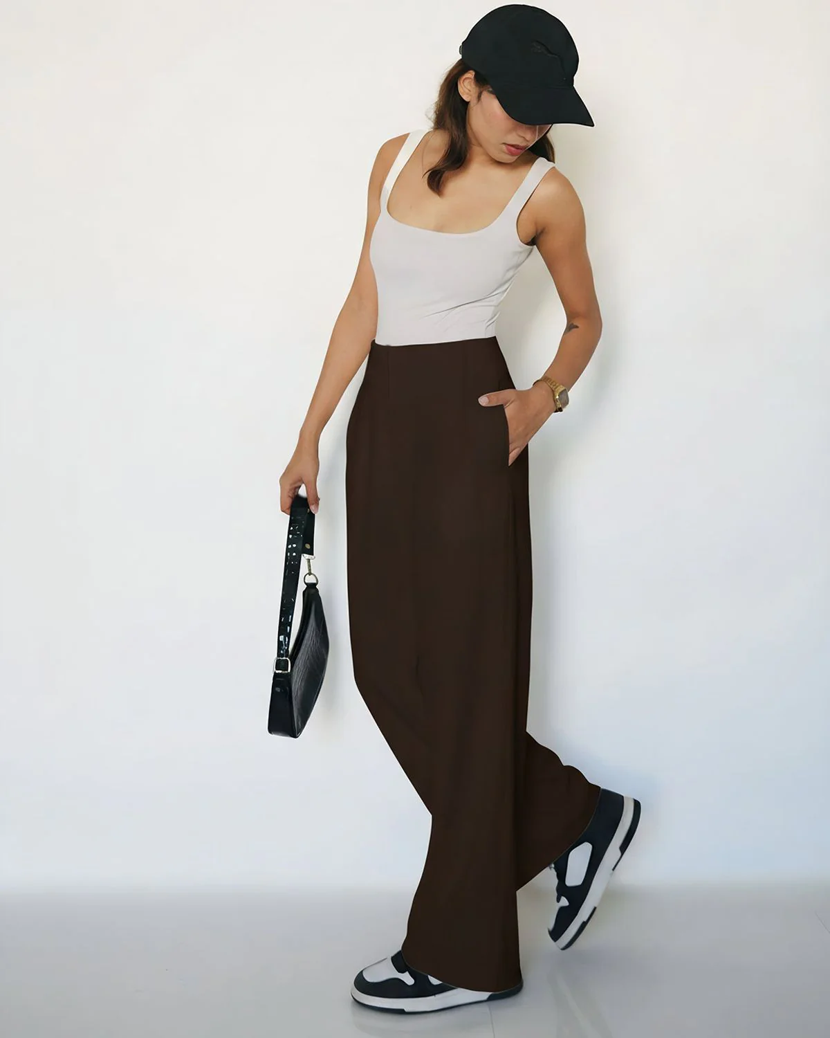 Dark Brown Smocked Detail Korean Trousers - Image 5
