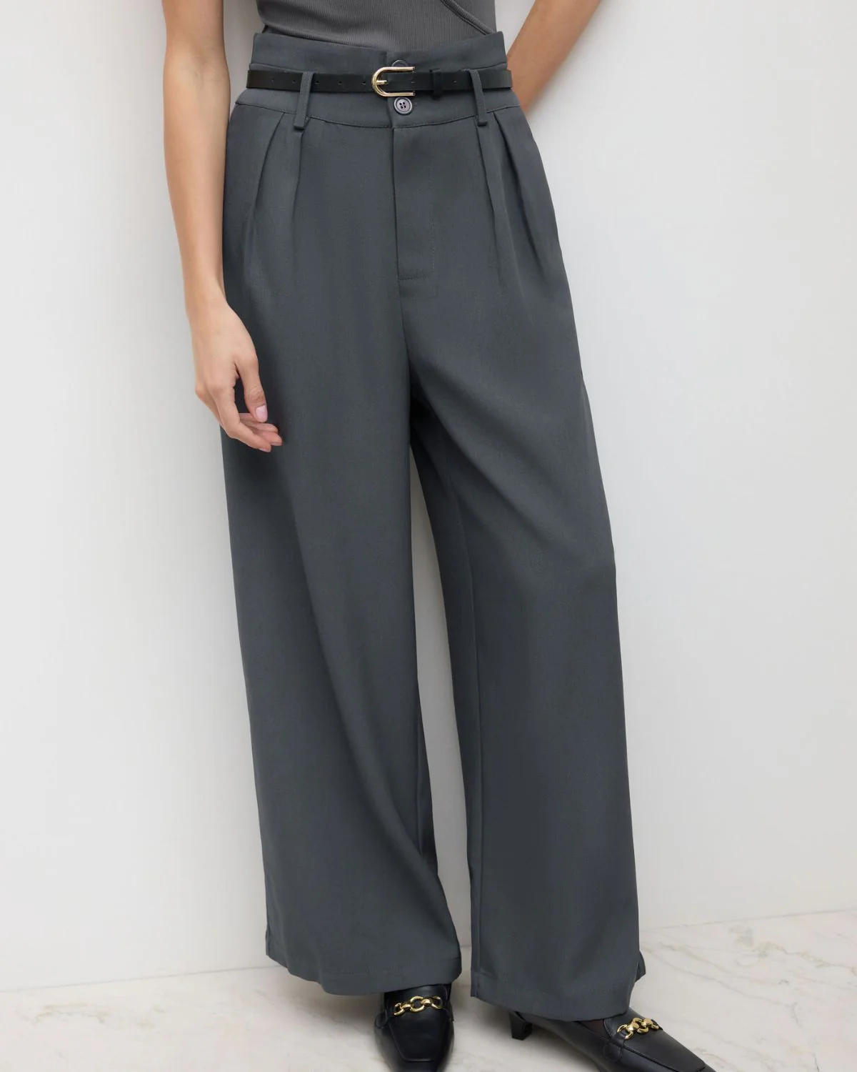 Dark Grey Pleated Pants With Belt - Image 3
