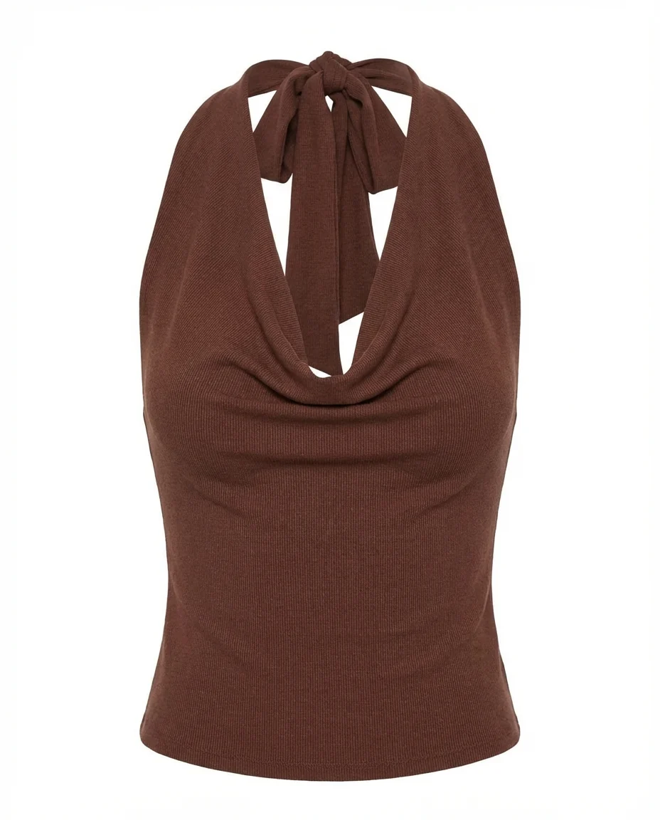 Cowl Neck Fitted Brown Top - Image 4