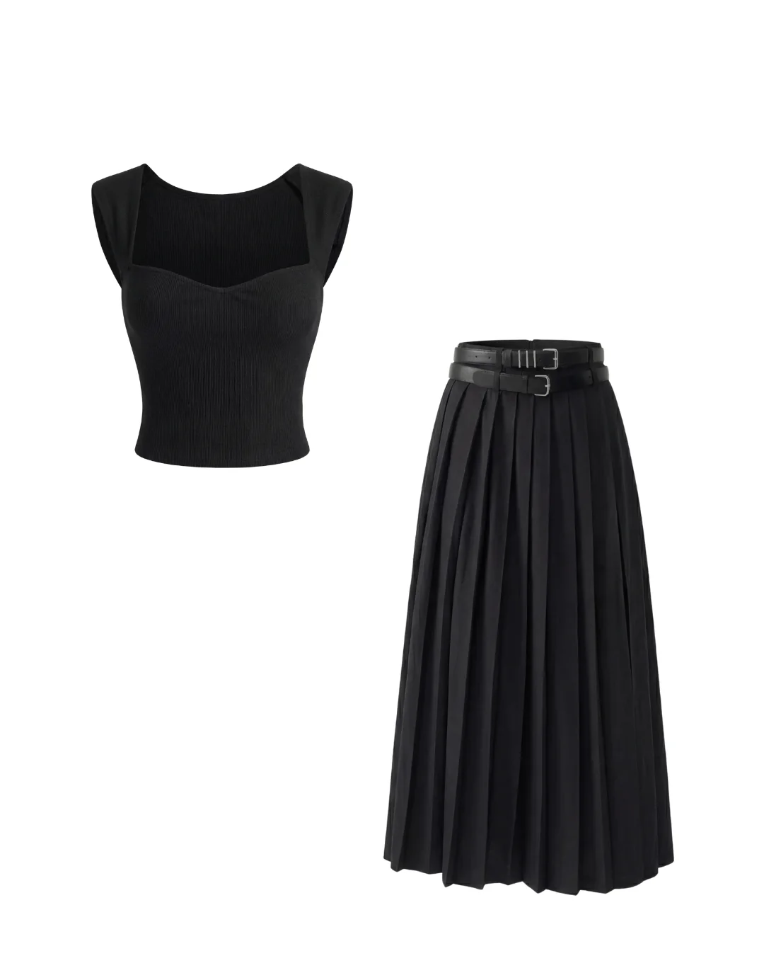 Double Belted Pleated Skirt with Sweet Heart Neck Top Set - Image 5