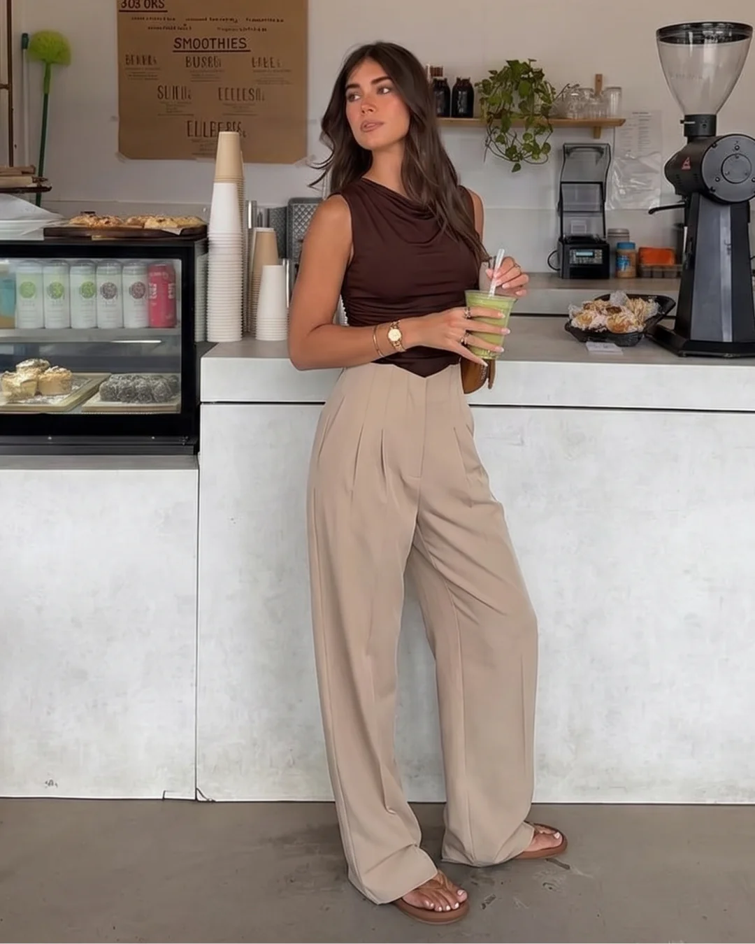 Earthy Brown Cowl Top and Corset Waist Pleated Pants - Image 3