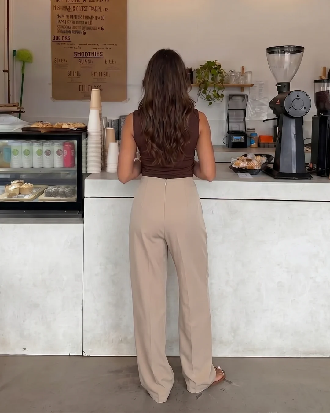 Earthy Brown Cowl Top and Corset Waist Pleated Pants - Image 4