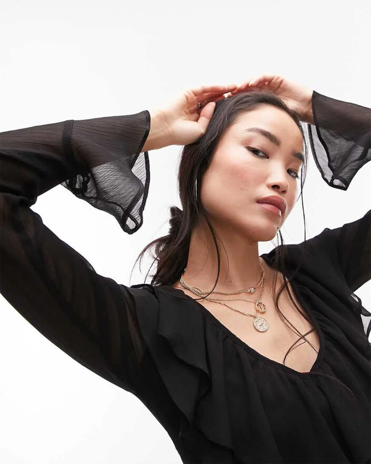Flounced Neck A-Line Black Dress - Image 4