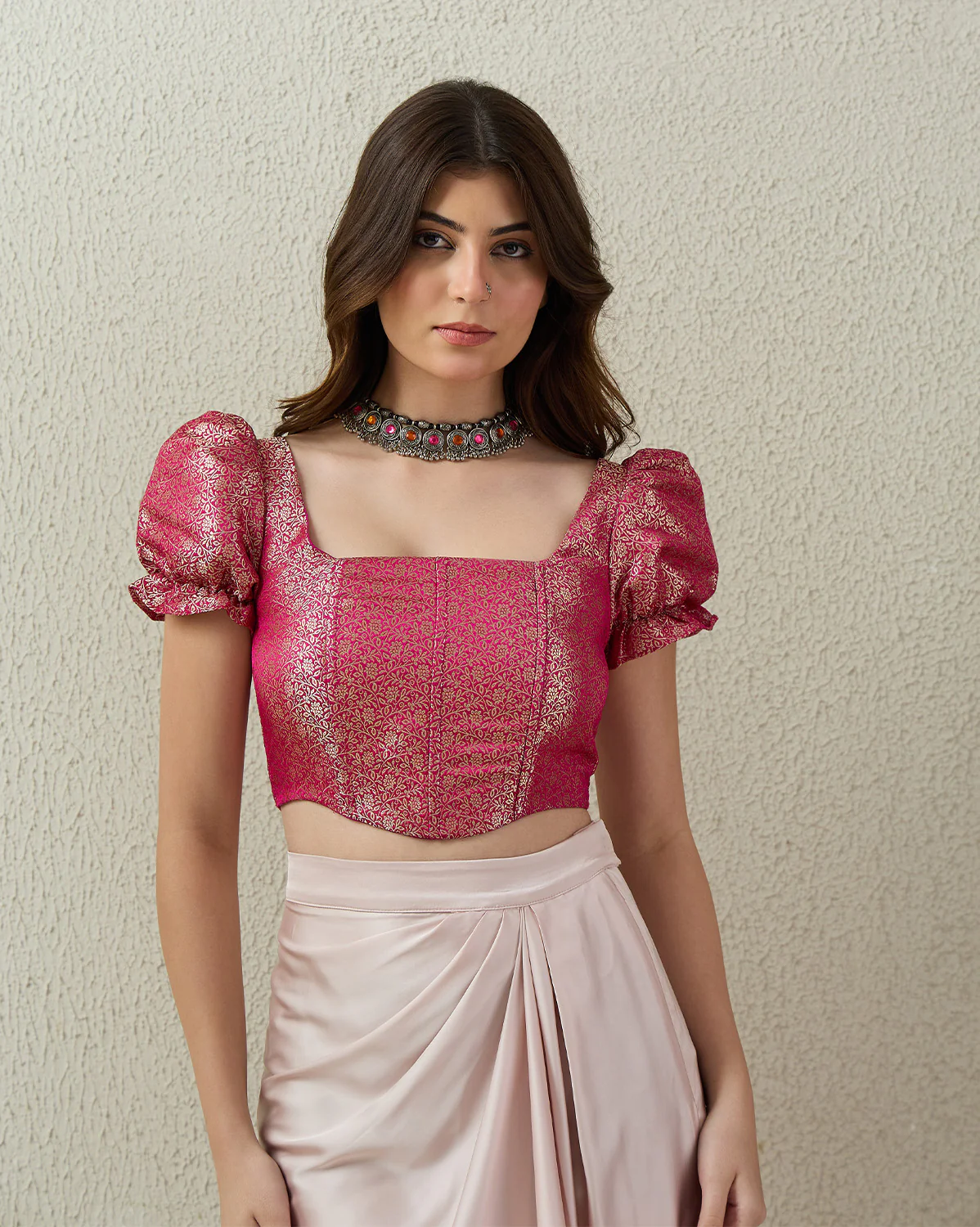 Fuschia Pink Puff Sleeves Brocade Corset Top - Image 2