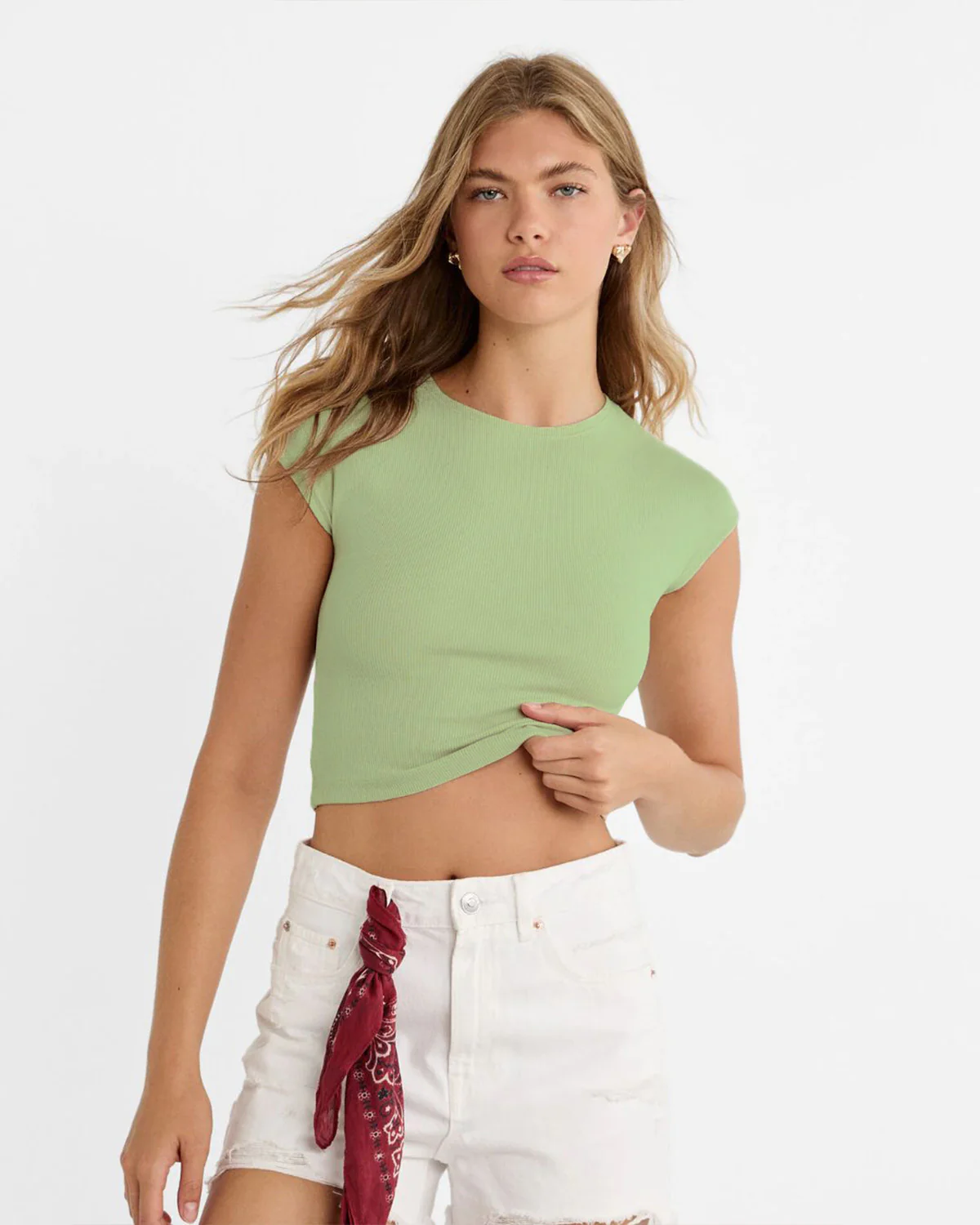 Green Ribbed Fitted Top