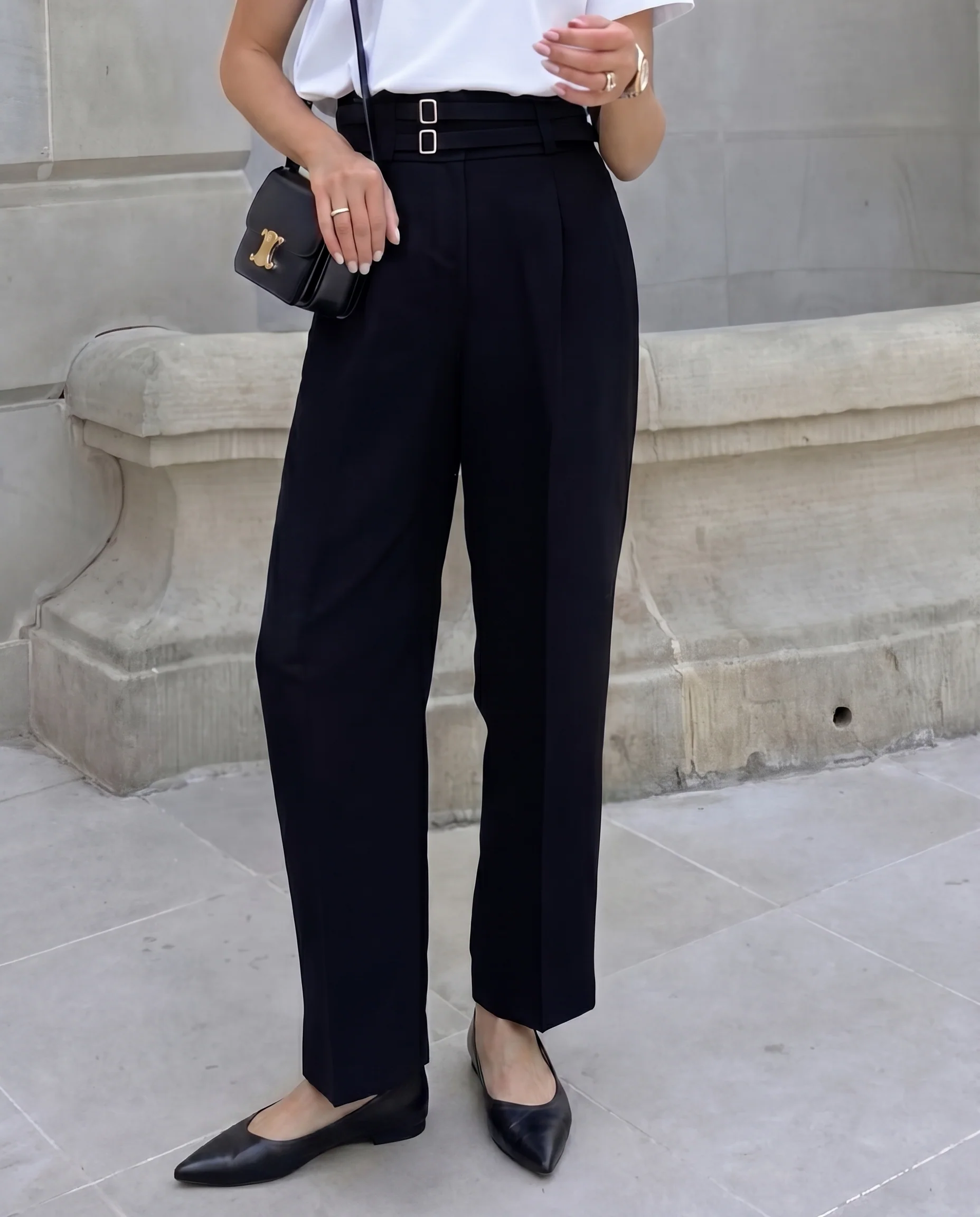 High Waist Buckle Detail Tapered Pant