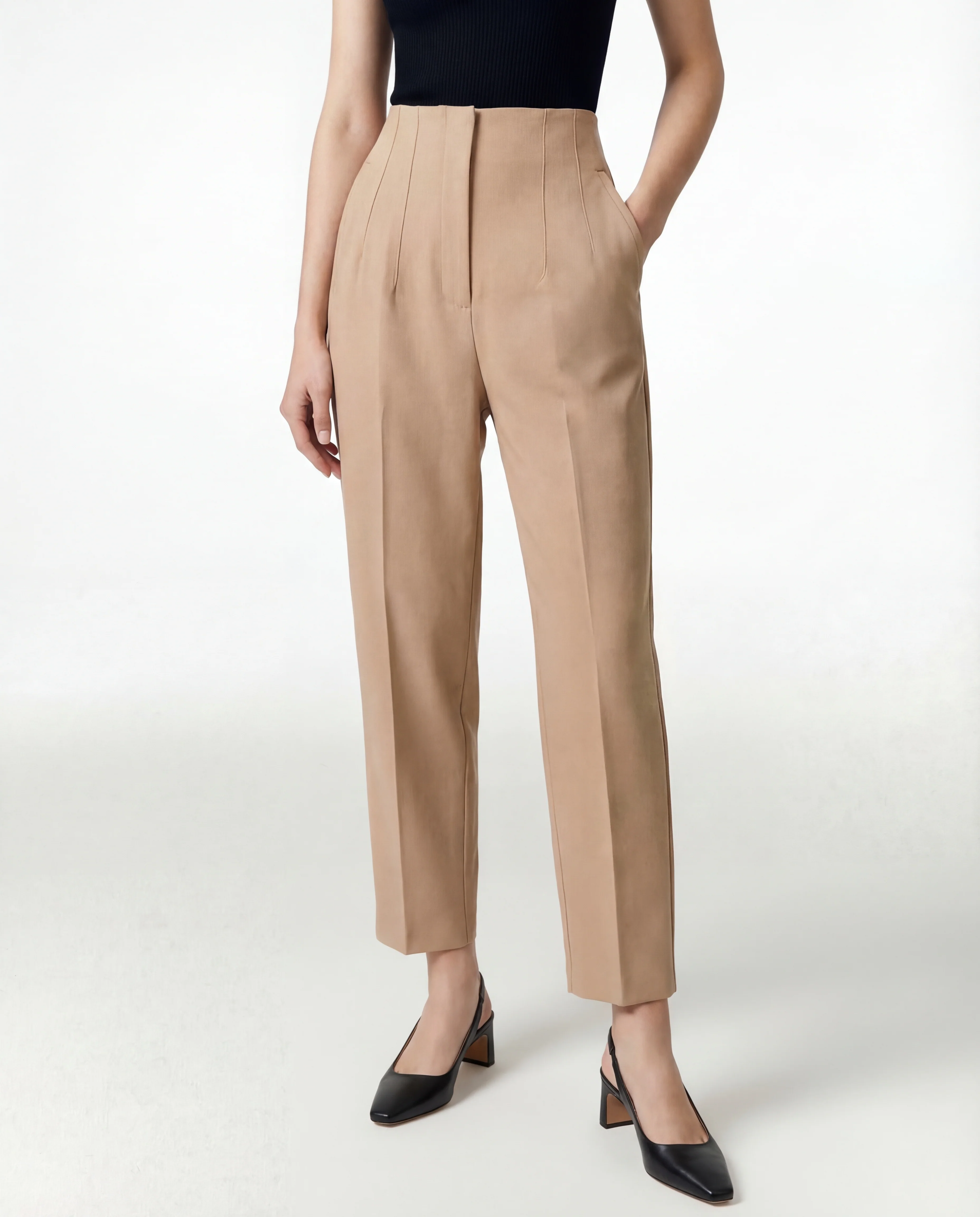 Tan High-Waist Tapered Trouser