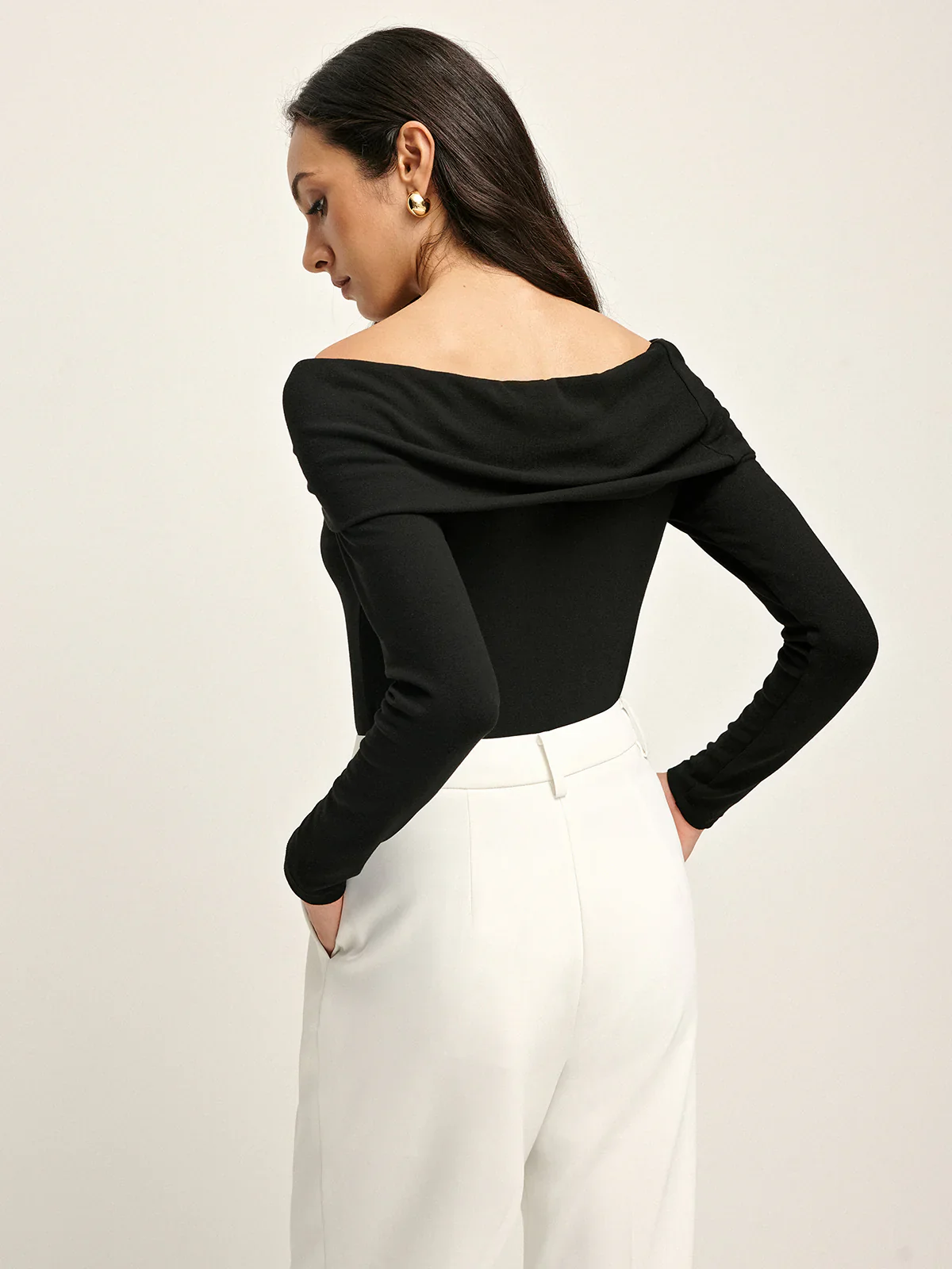 Long Sleeve Draped Off Shoulder Top - Image 3