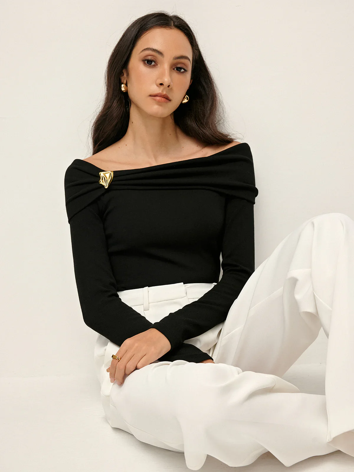 Long Sleeve Draped Off Shoulder Top - Image 5