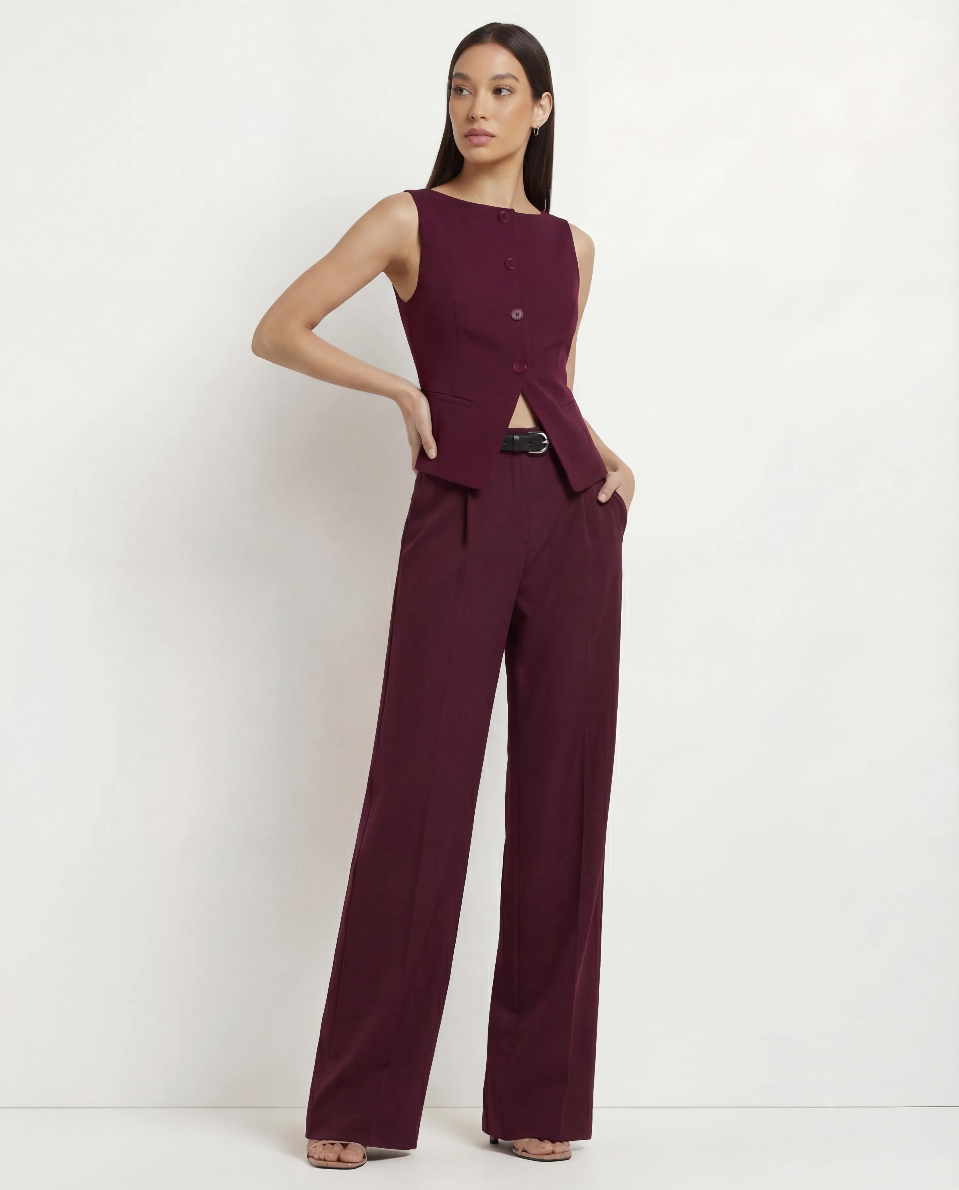 Maroon Boat Neck Slit Waist Coat And Pleated Pants With Belt - Image 2