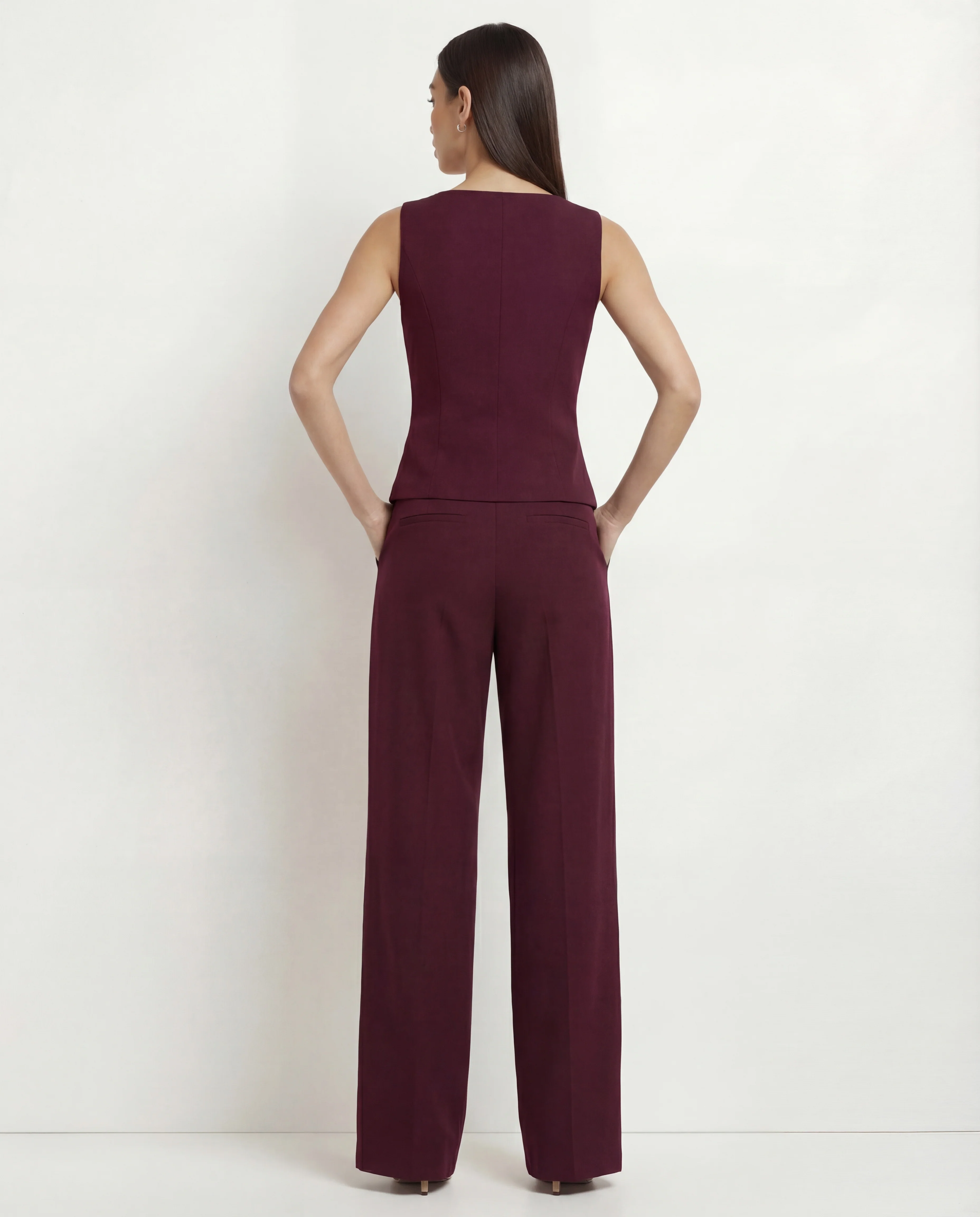 Maroon Boat Neck Slit Waist Coat And Pleated Pants With Belt - Image 4