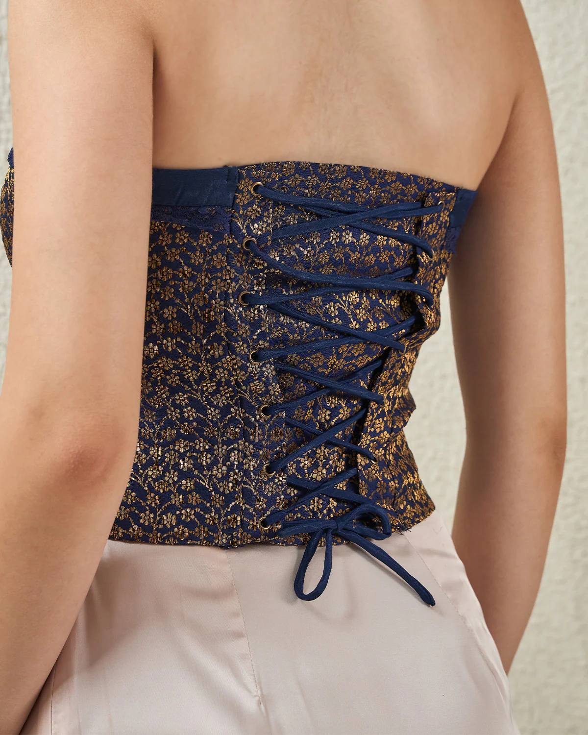 Navy Blue Off Shoulder Brocade Corset Top - Image 6