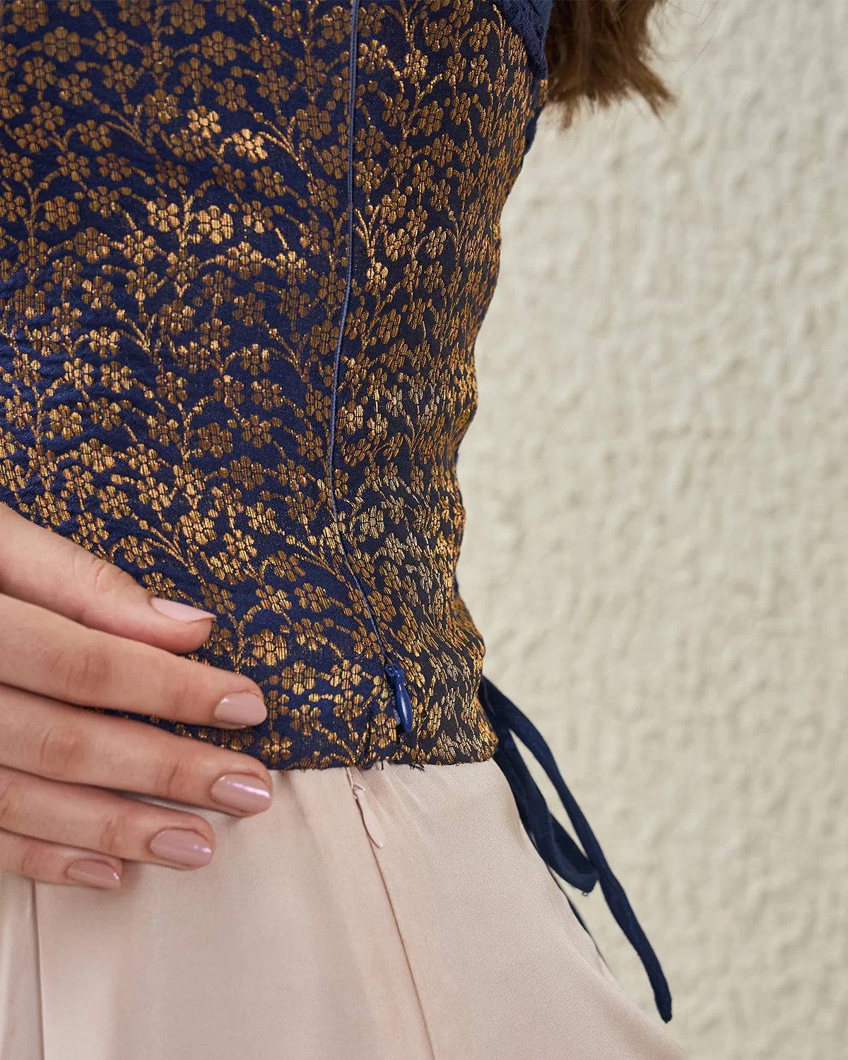 Navy Blue Off Shoulder Brocade Corset Top - Image 7