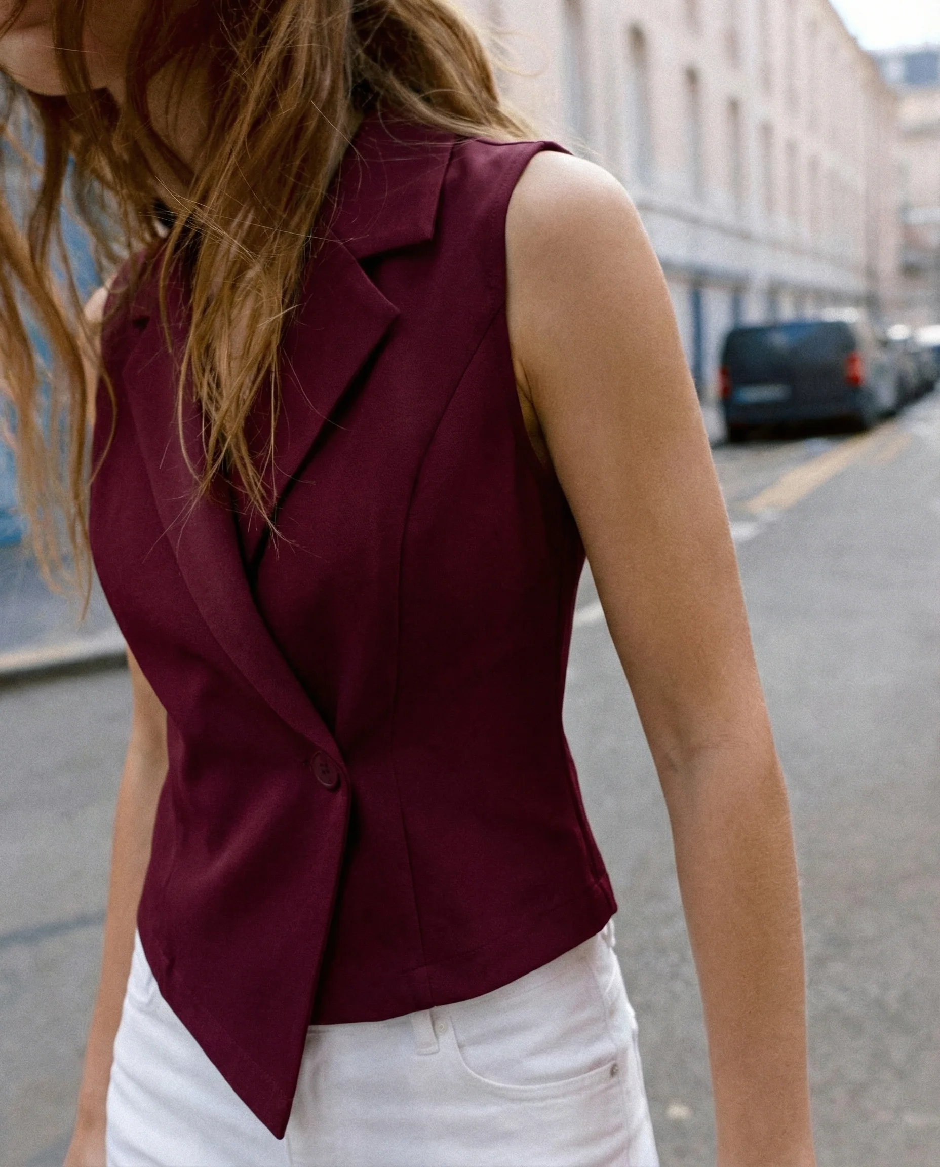 Notch Collar Waist Coat - Maroon - Image 3