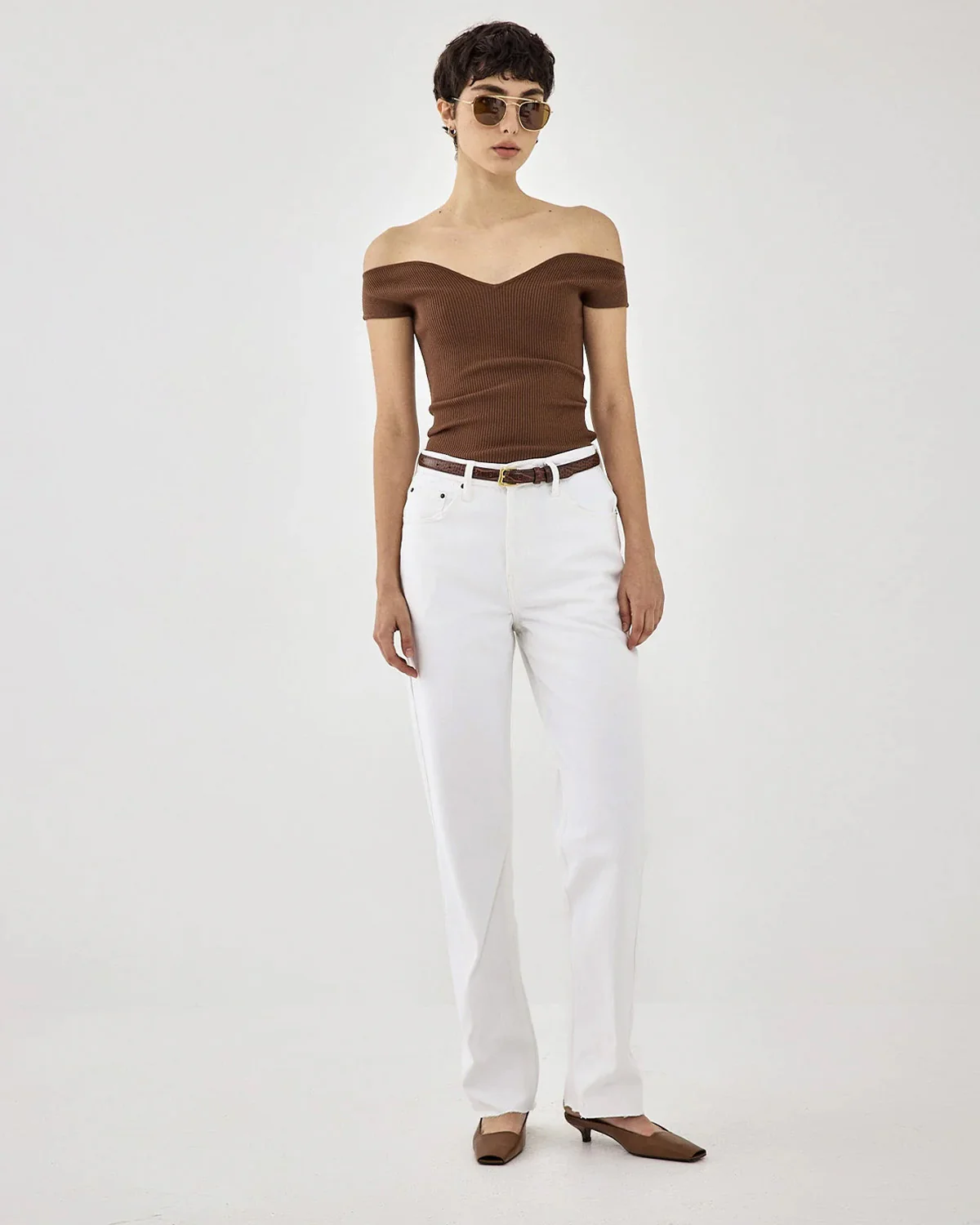 Off Shoulder Princess Cut Neck Brown Top - Image 3