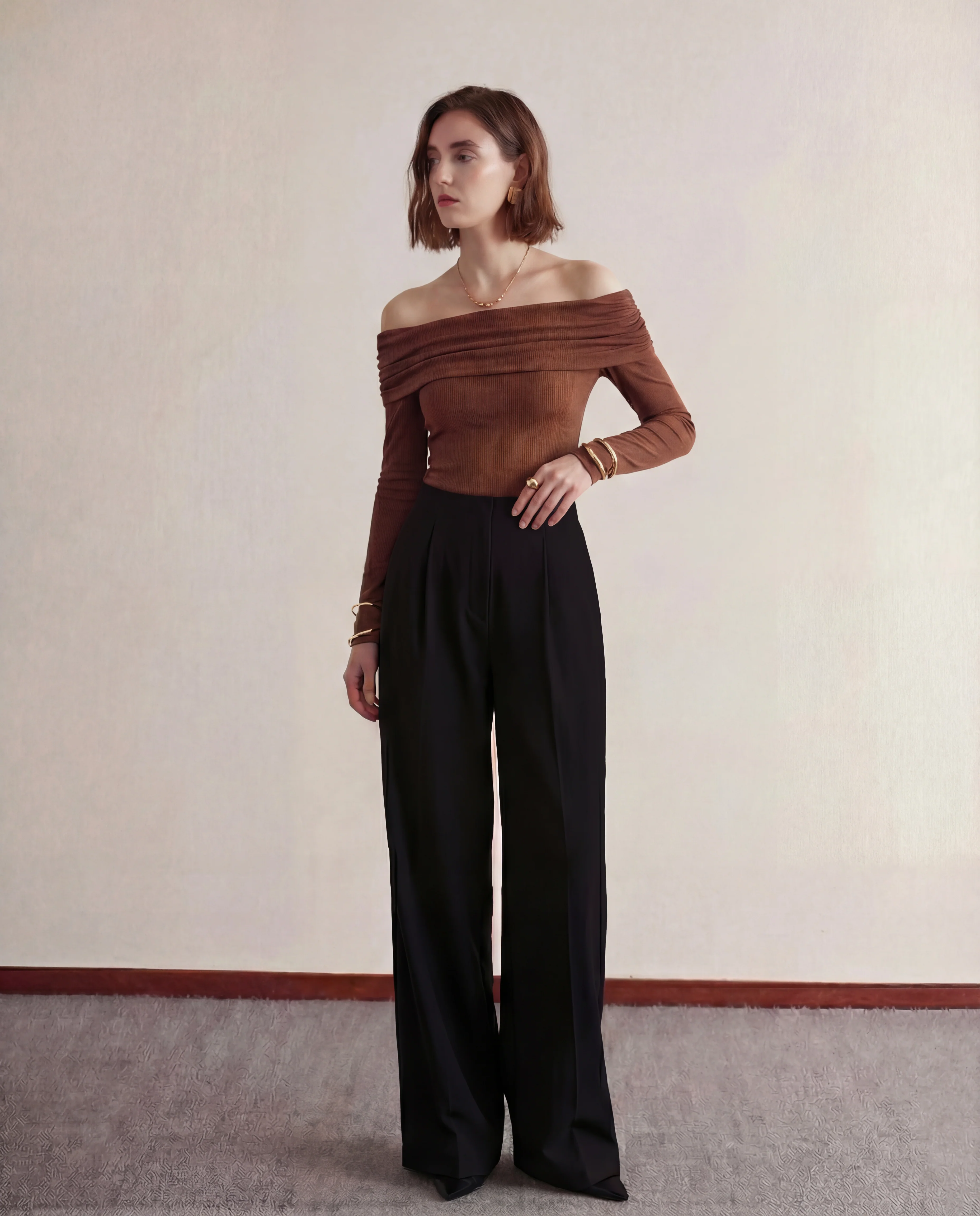 Off Shoulder Top With Pleated Korean Pants Cord Set - Image 3