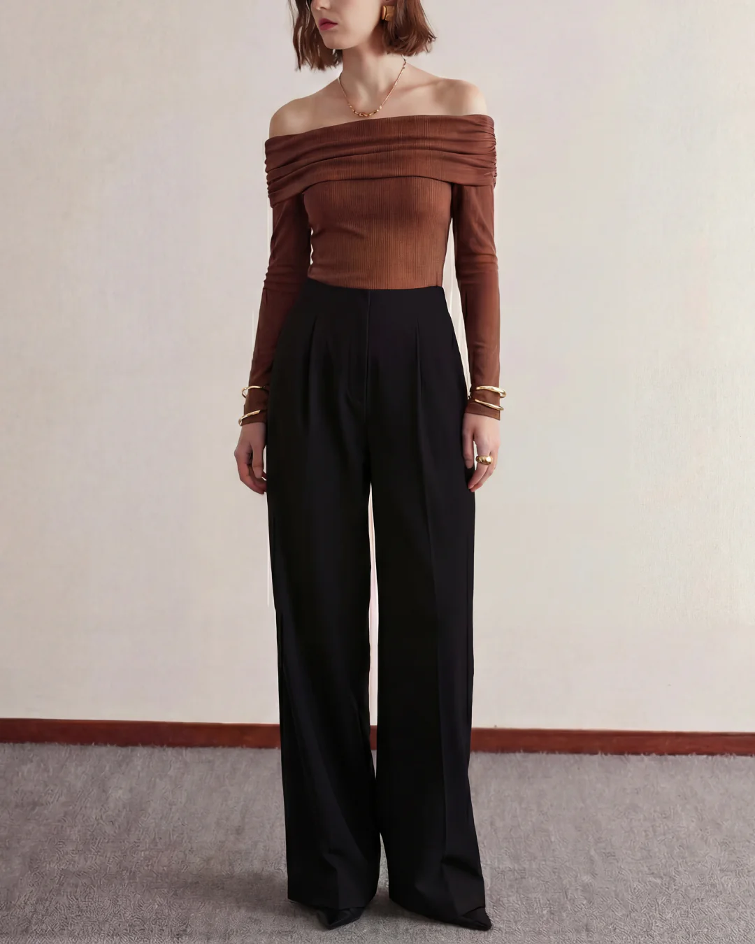 Off Shoulder Top With Pleated Korean Pants Cord Set - Image 5