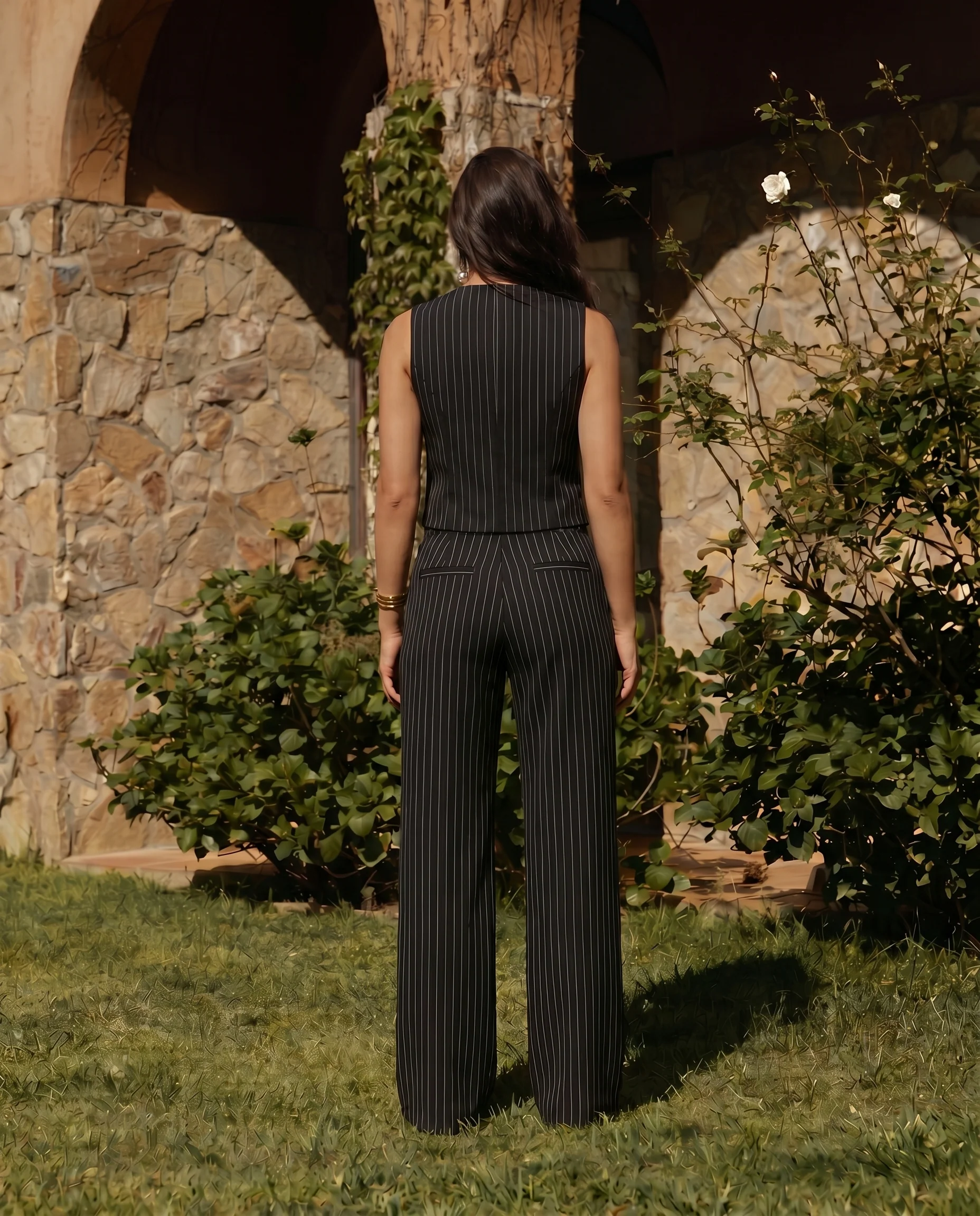 Pinstripe Vest and Wide-Leg Trousers Suit Set - Image 4