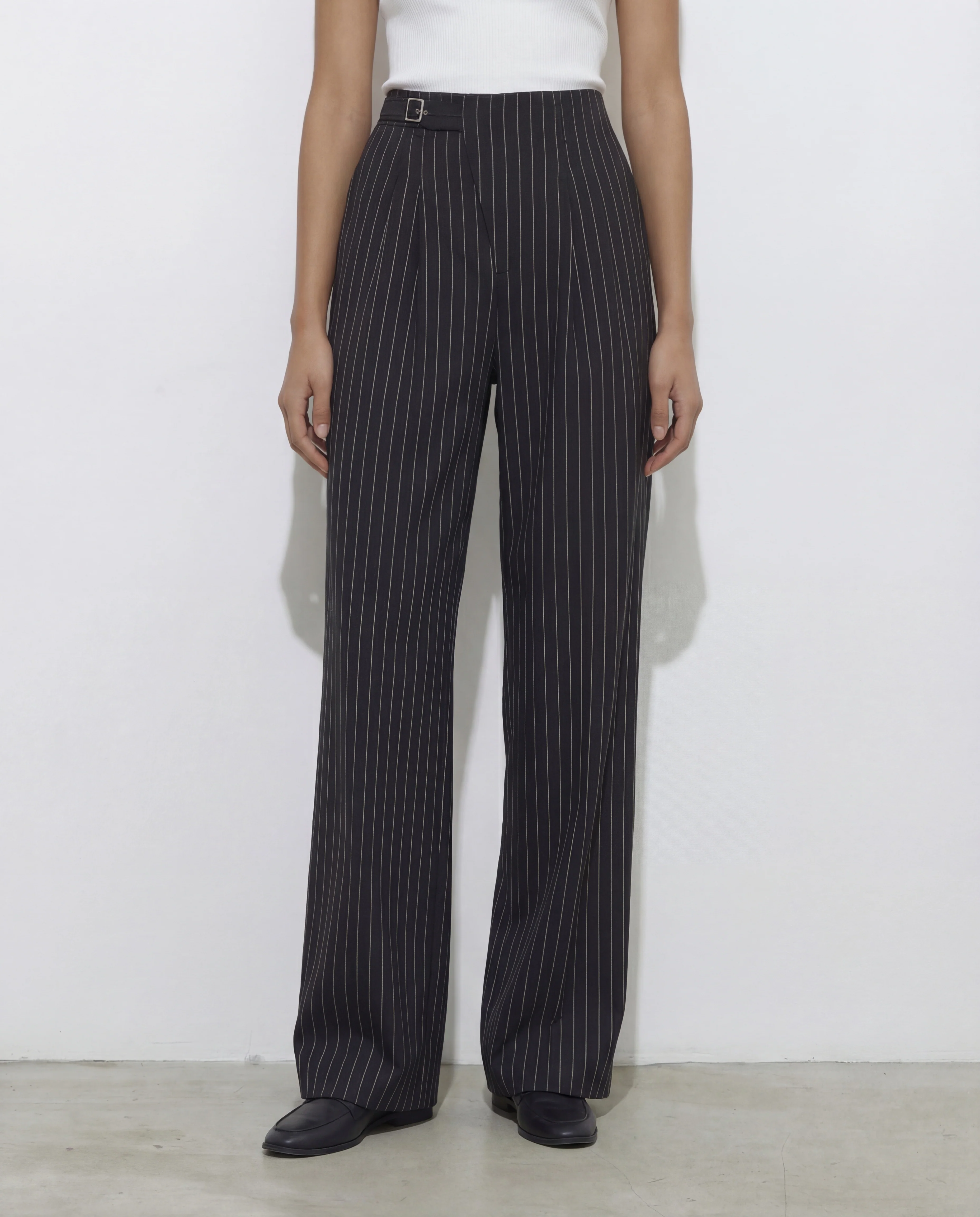 Pinstriped Belt Detail Wide Leg Pants - Image 2