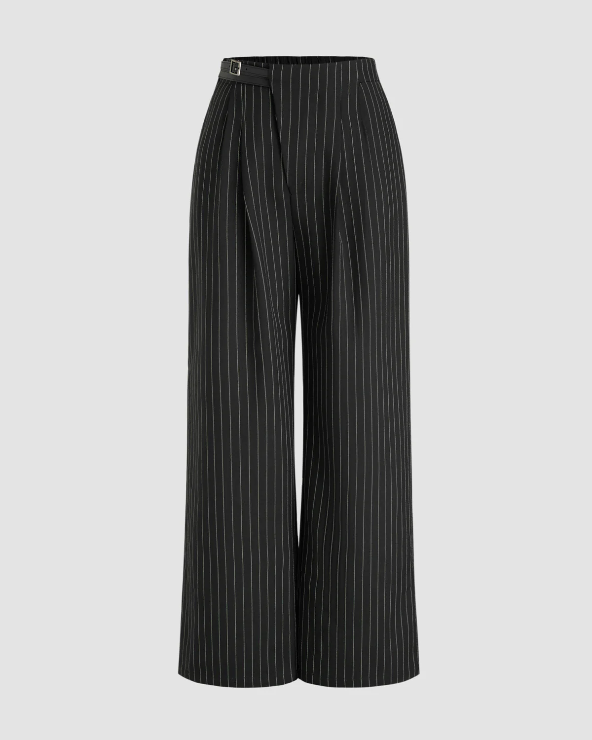 Pinstriped Belt Detail Wide Leg Pants - Image 5
