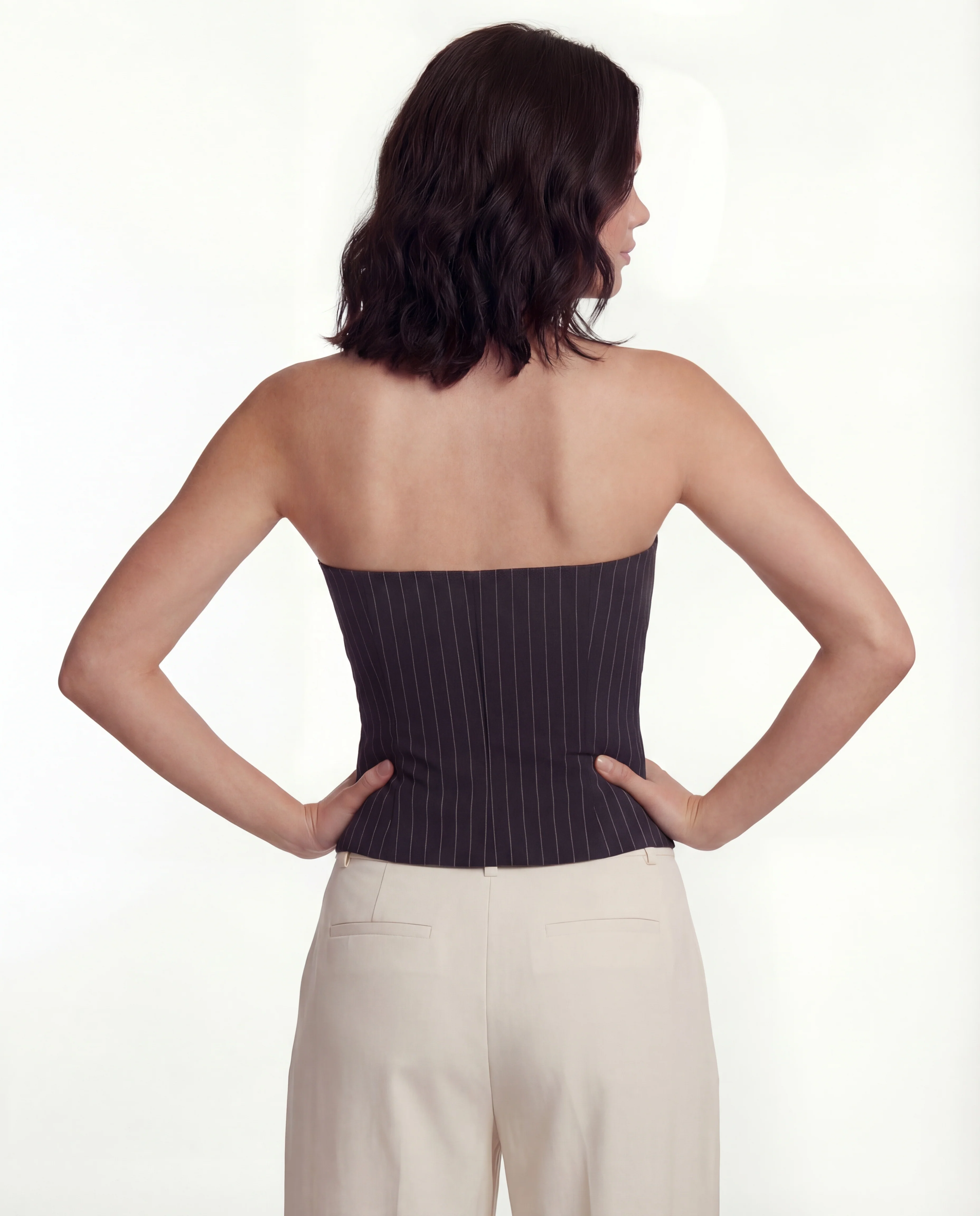 Black Pinstripe Button-Front Corset Top - Image 3