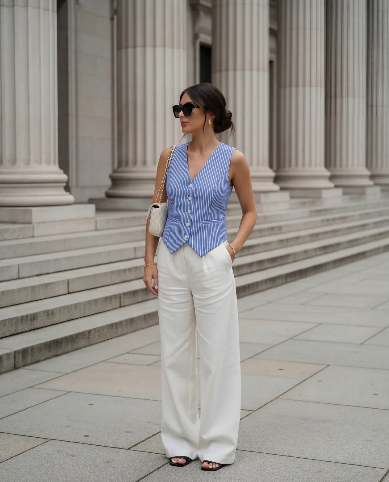 Pinstripes Blue Cotton Waistcoat and White Pleated Pants With Belt - Image 3