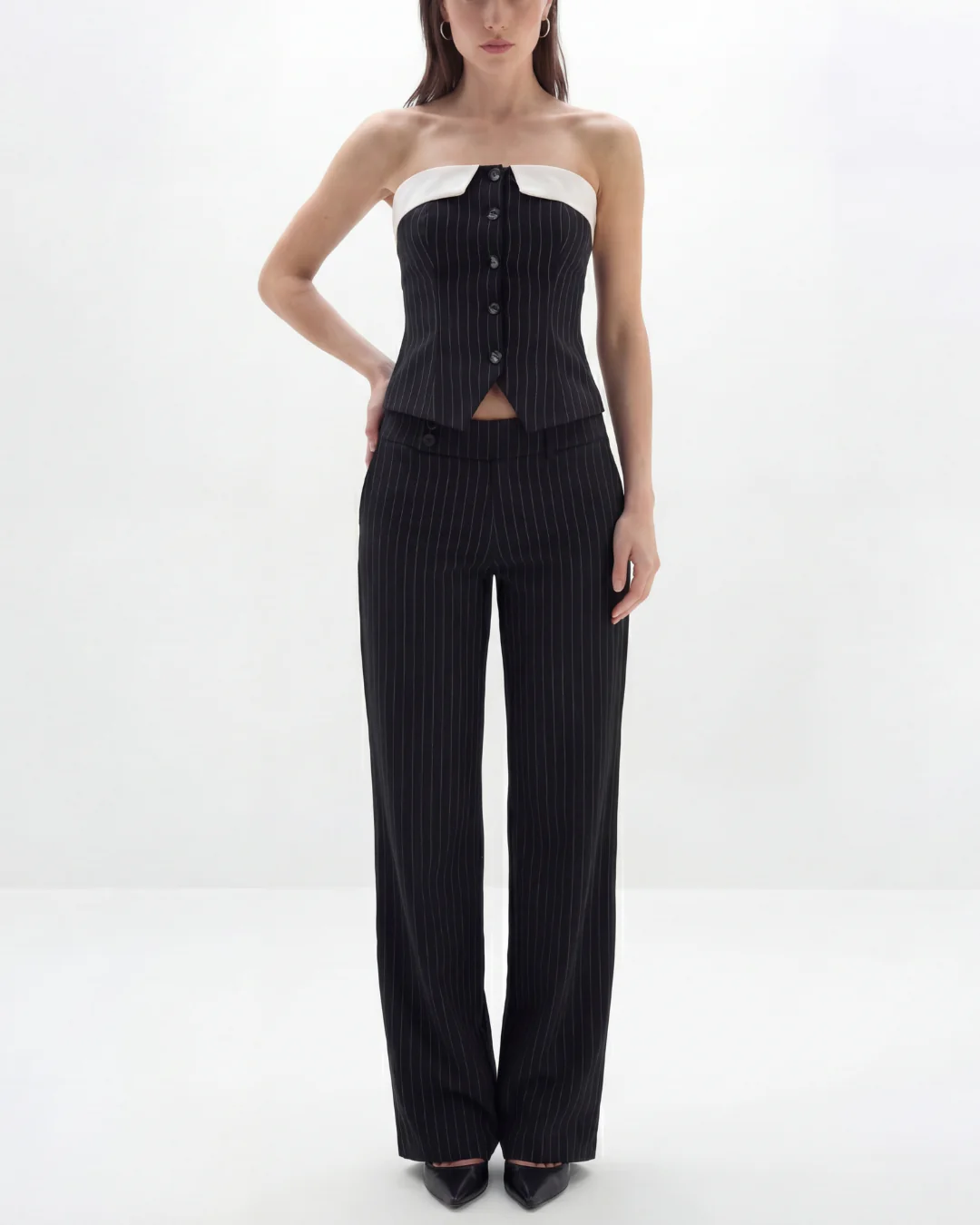Pinstripes Button-Front Corset Top With Straight Pants - Image 5