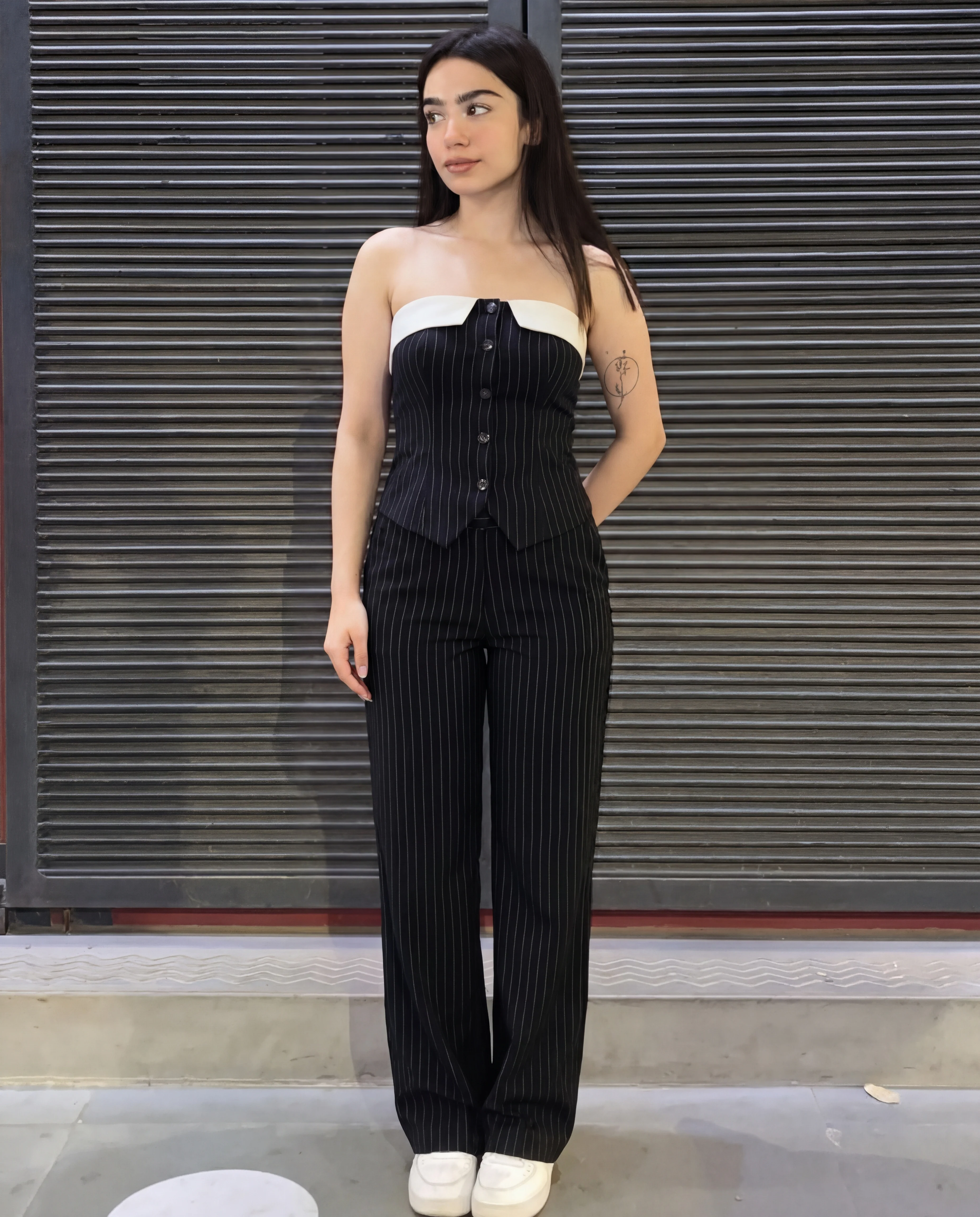 Pinstripes Button-Front Corset Top With Straight Pants - Image 6