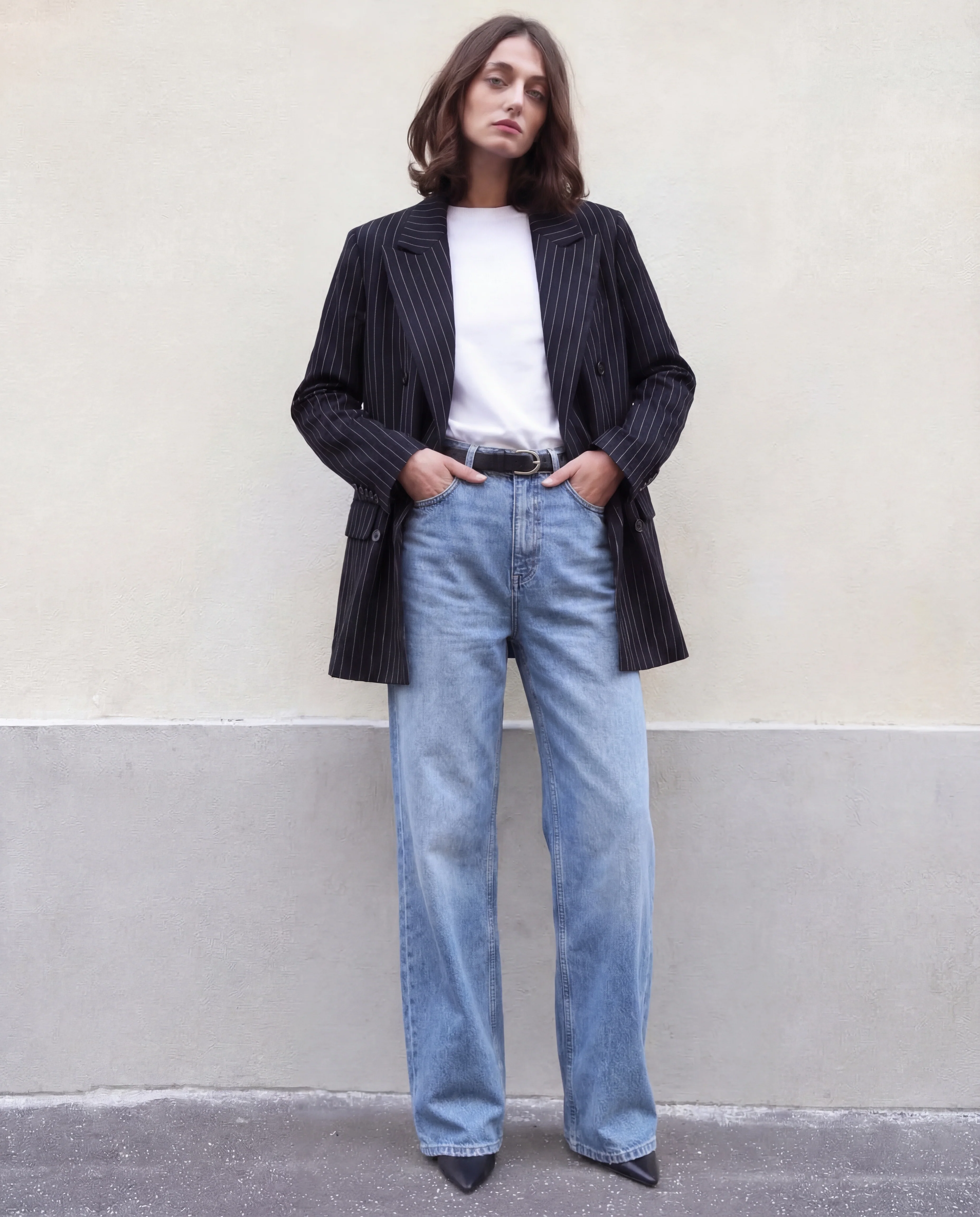 Pinstripes Double Breasted Blazer With Belt - Image 4