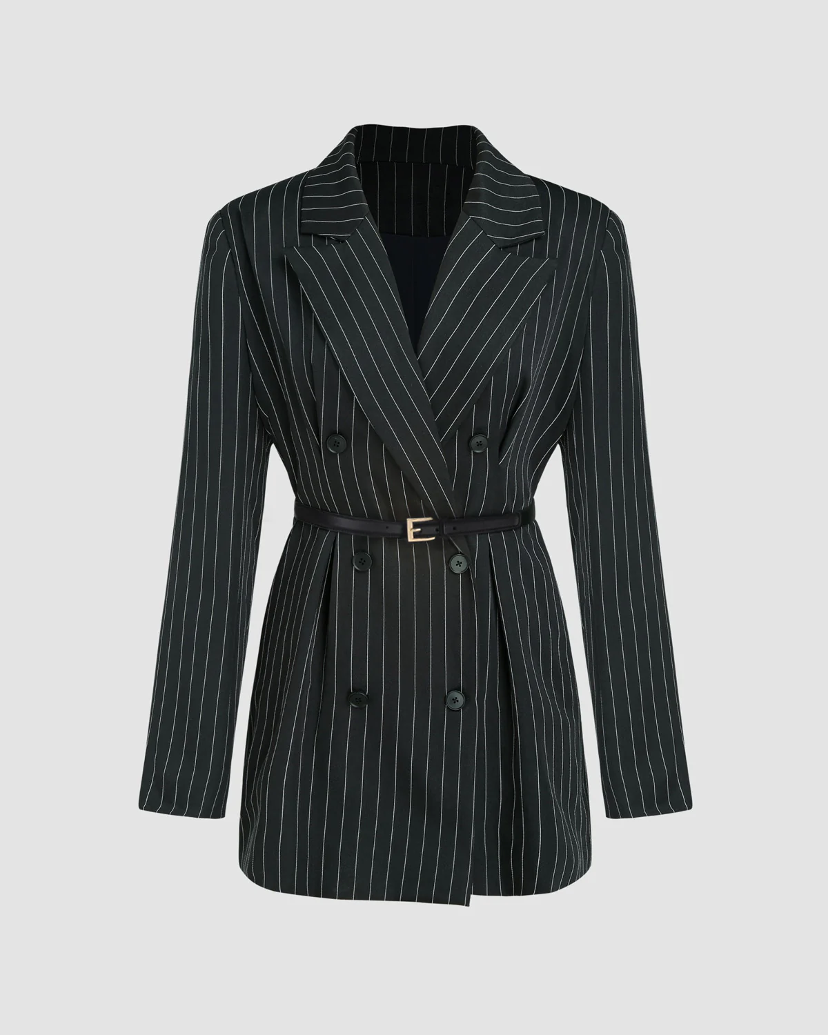 Pinstripes Double Breasted Blazer With Belt - Image 6