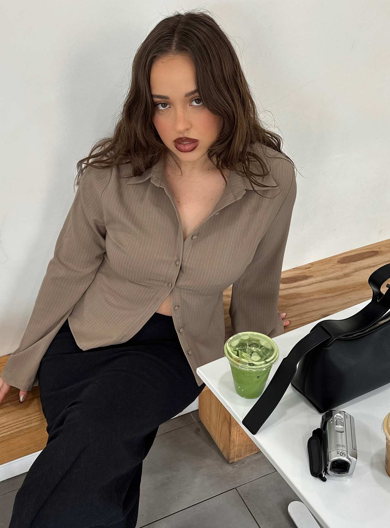 Pinstripes Flared Sleeves Shirt In Beige - Image 8