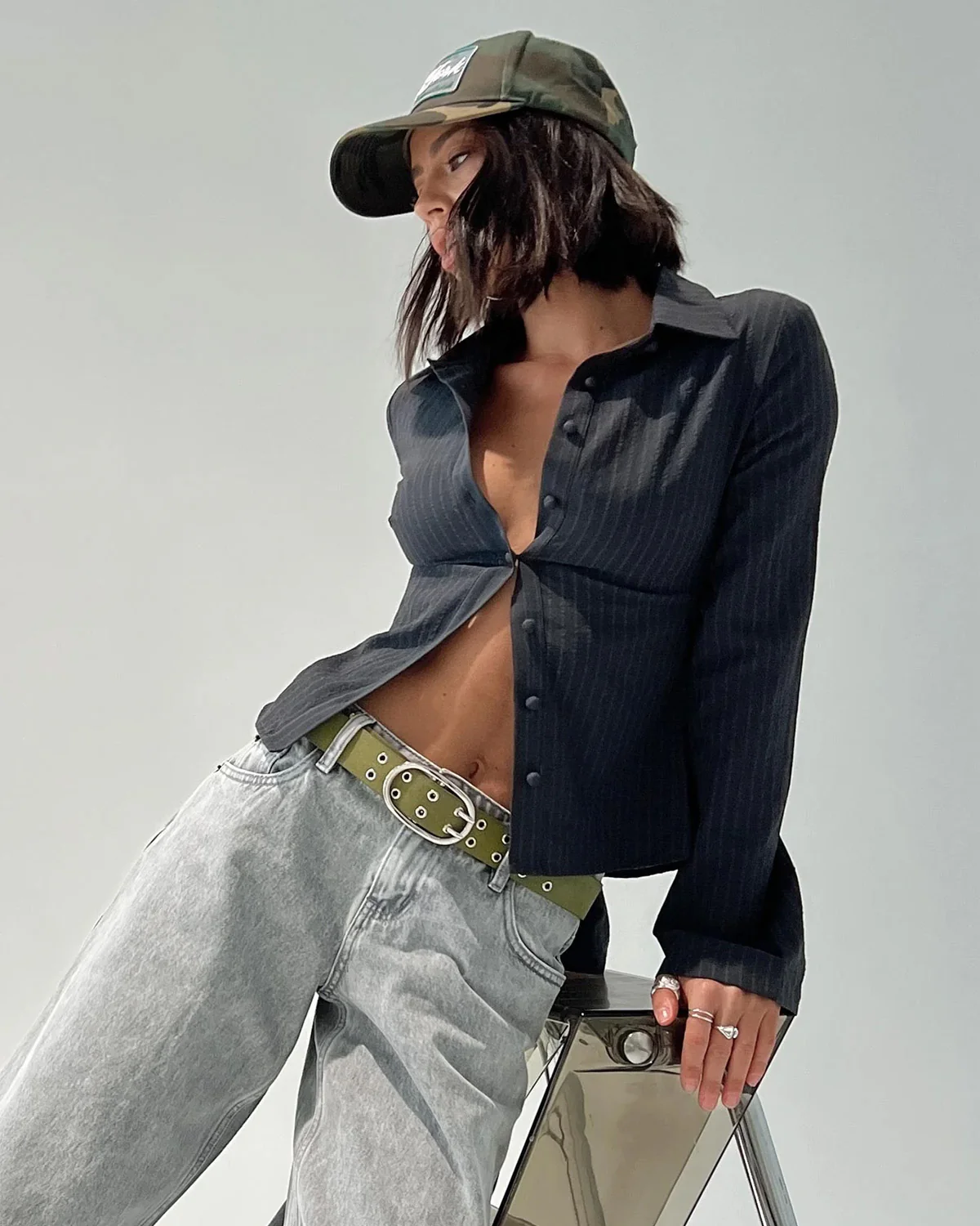 Pinstripes Flared Sleeves Shirt in Black - Image 4