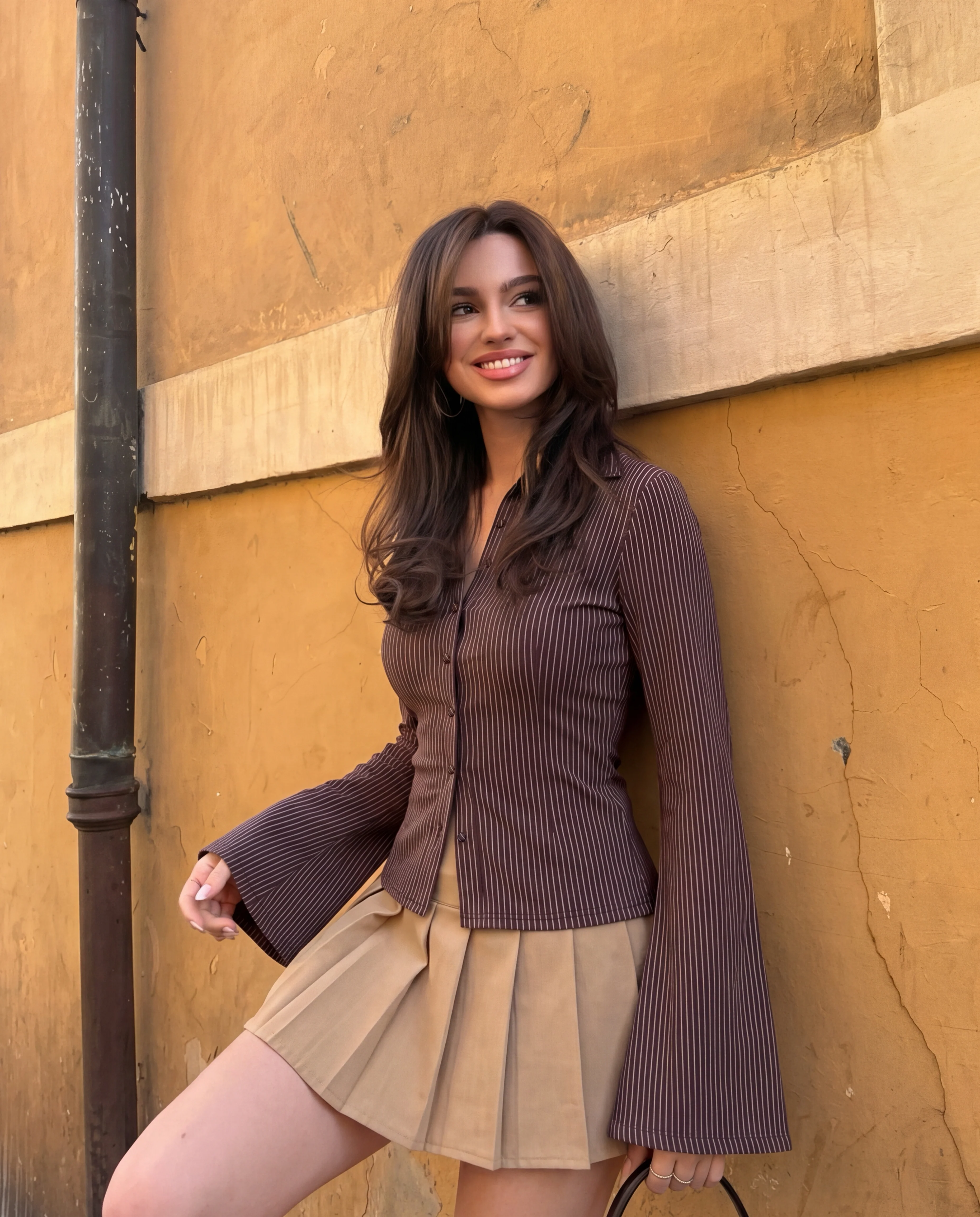 Flared Sleeve Fitted Shirt - Brown