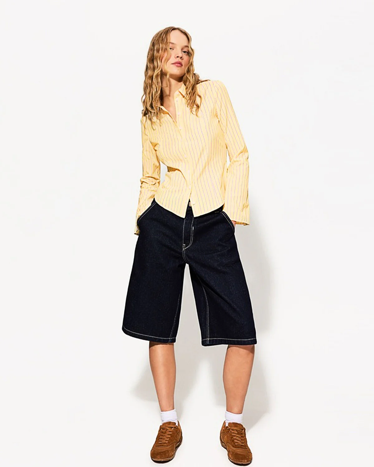 Pinstripes Flared Sleeves Shirt in Butter Yellow - Image 3