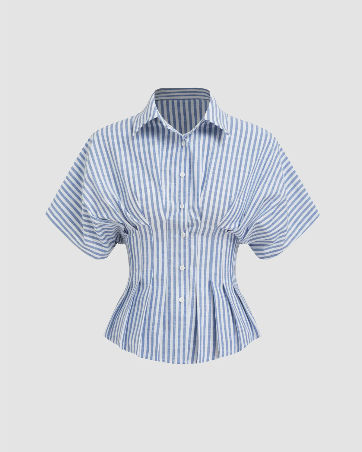 Pleated Cinched Waist Striped Cotton Shirt in Blue - Image 5