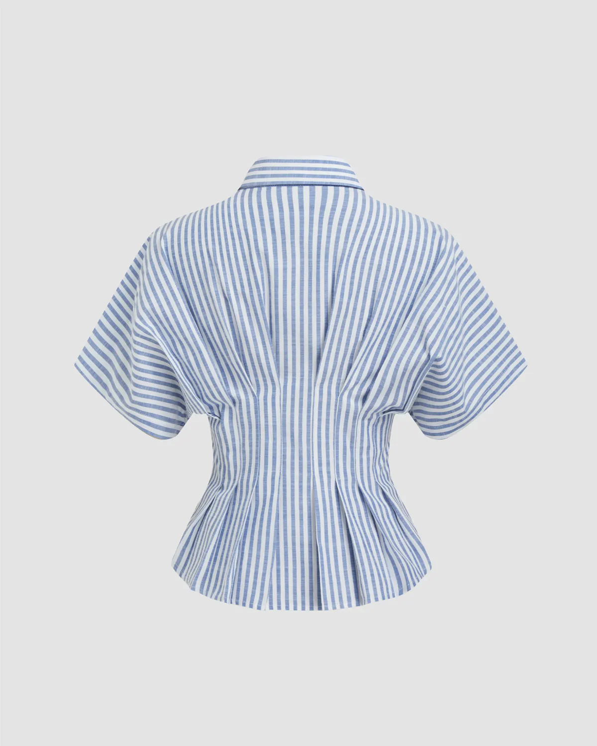 Pleated Cinched Waist Striped Cotton Shirt in Blue - Image 6